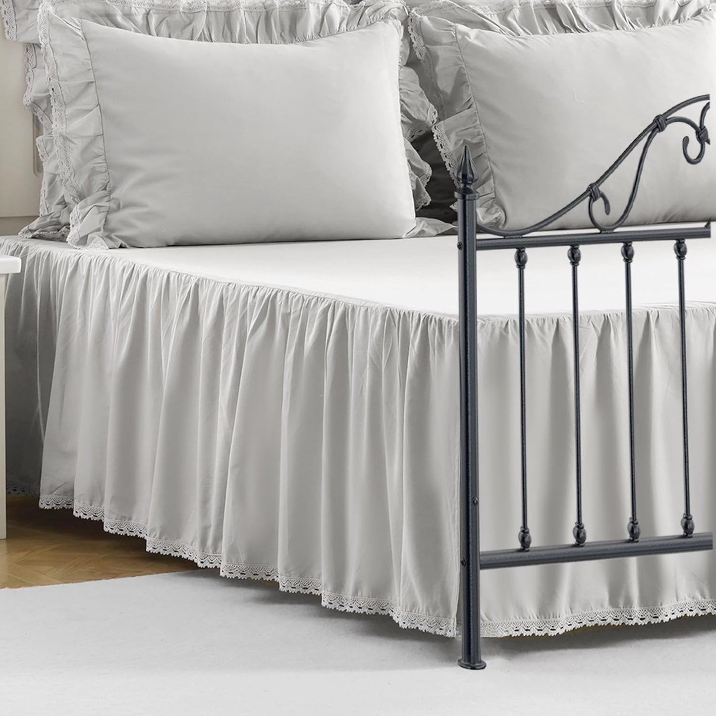 Queen Size 14 inch Drop Light Grey Dust Ruffle, 100% Lightweight Cotton Ruffled Bed Skirt, French Coutry Style, Lace Ruffled Bed Skirt with Split Corners