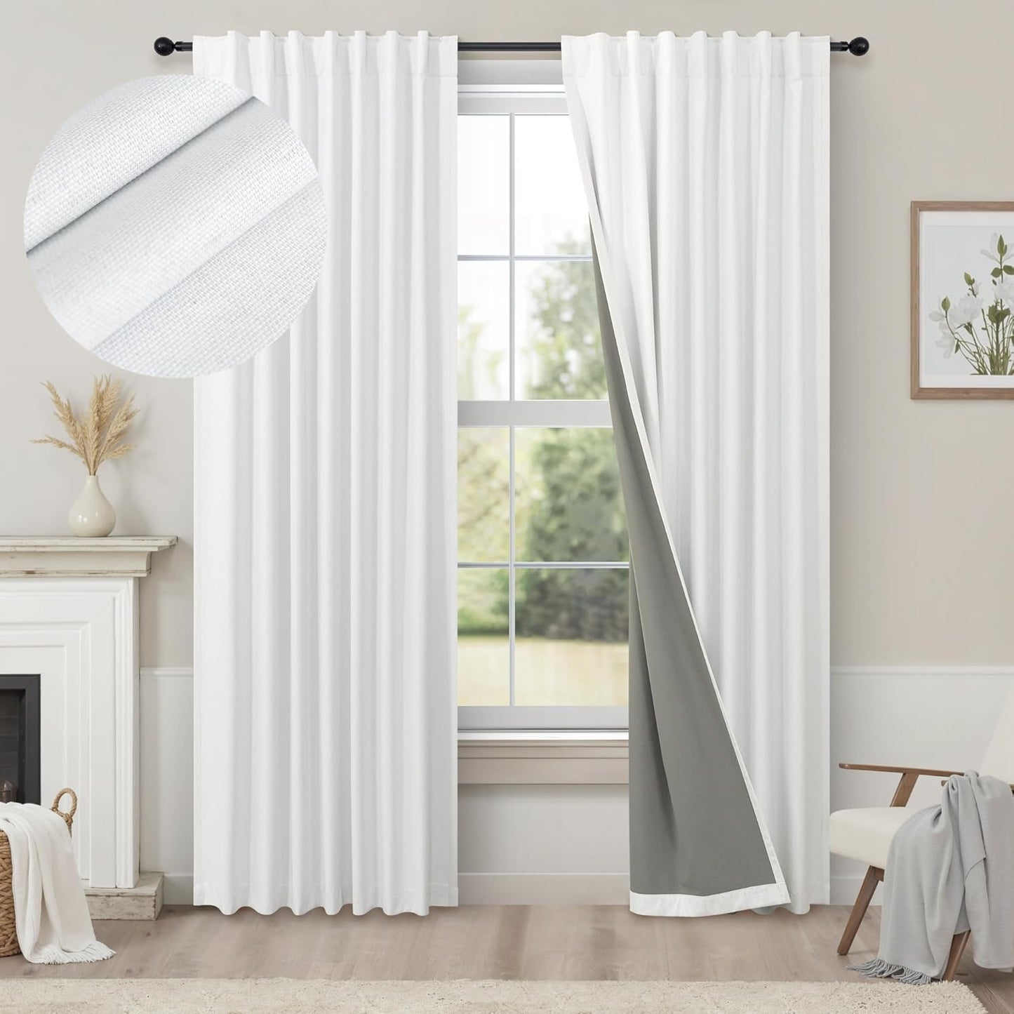 78 Inch Long Linen Textured Blackout Curtains 2 Panels Set for 76-80 inch Window Drapes Back Tab White Room Darkening Curtains for Sliding Glass Door Energy Efficient Noise Cancelling 52x78 in Length