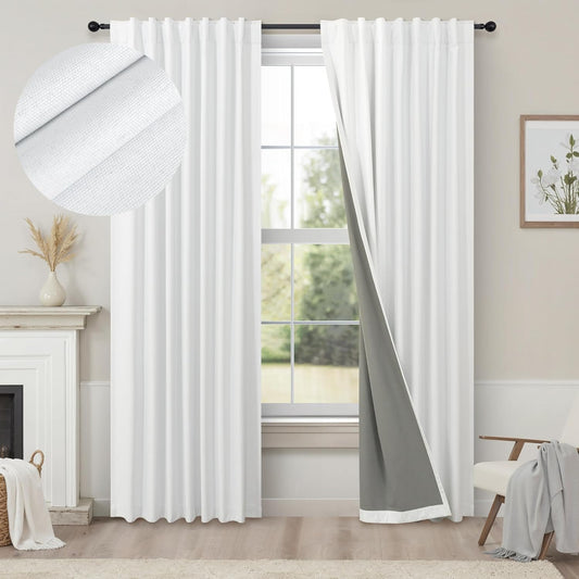 78 Inch Long Linen Textured Blackout Curtains 2 Panels Set for 76-80 inch Window Drapes Back Tab White Room Darkening Curtains for Sliding Glass Door Energy Efficient Noise Cancelling 52x78 in Length