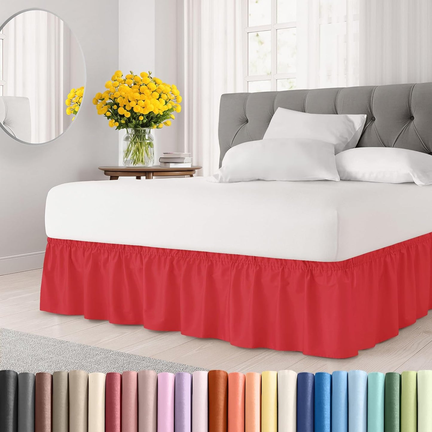 Wrap Around Dust Ruffle Bed Skirt - Red - for King Size Beds with 21 Inch Drop - Easy Fit Elastic Strap - Adjustable Pleated Bedskirt w/Brushed Fabric - Wrinkle Free - for Women, Men, Kids & Teens