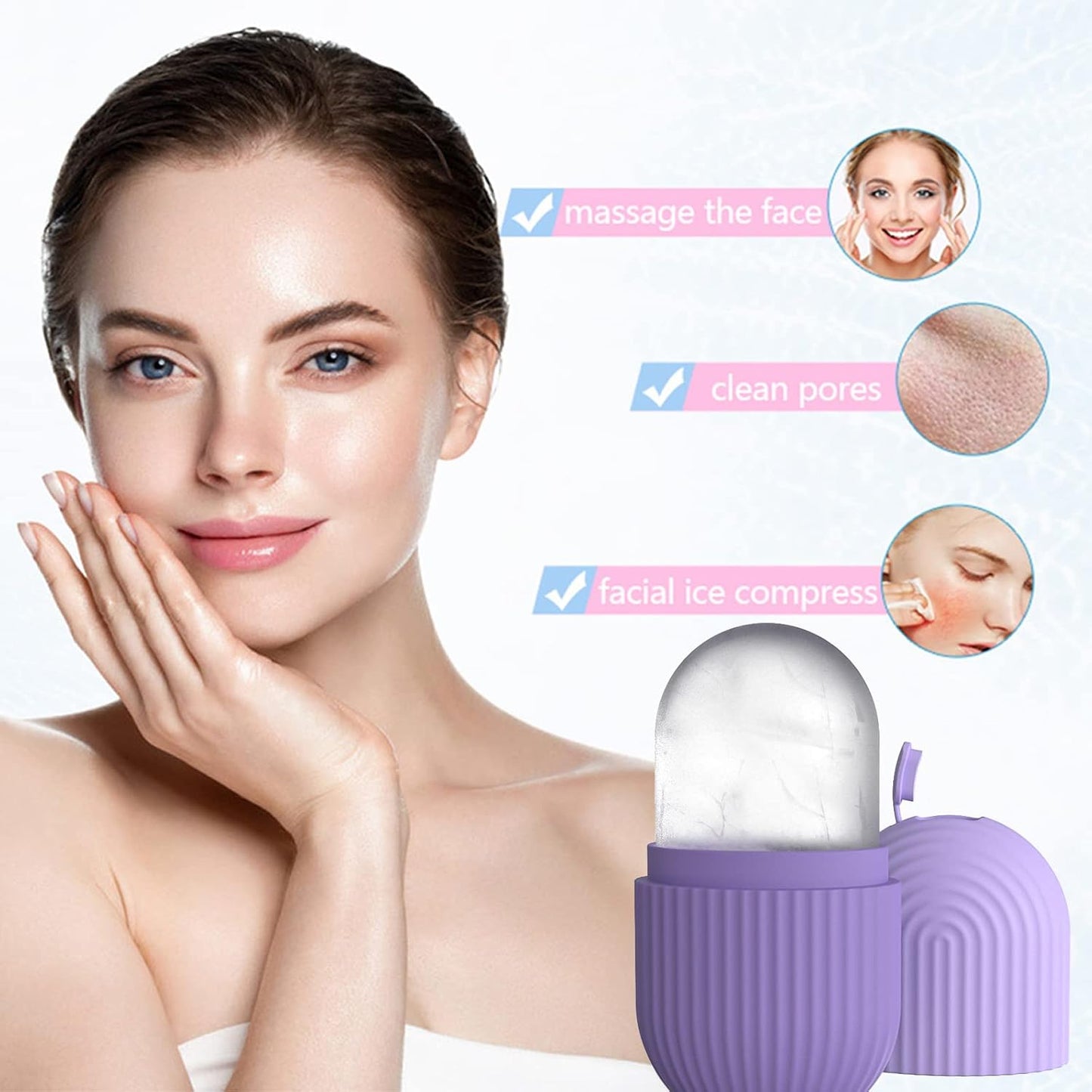Ice Face Roller, Reusable Silicone Mold Face Massage Eye Facial Beauty Skin Care Tools Apply Ice for Shrink Pores Anti Wrinkle Reduce Puffiness Improve Skin Elasticity, Striped, Purple