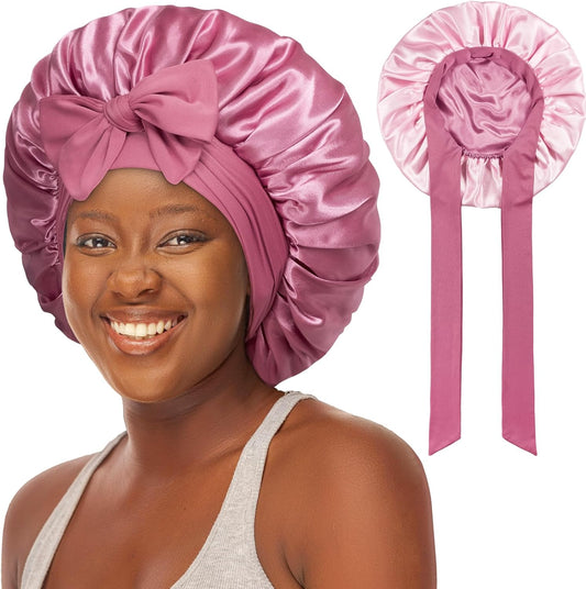 Double Layered Silk Satin Bonnet with Tie for Sleeping Black Women, Wide Band Large Hair Wrap Sleep Cap for Curly Hair Braid