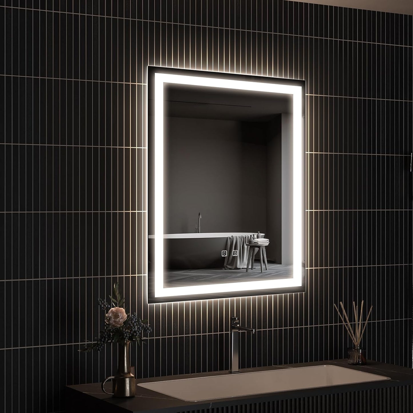 APRILSOUL 24x30 Inch LED Bathroom Mirror with Front and Backlit, Makeup Mirror with 3 Color Lights, Memory Function, Anti-Fog and Dimmable Light (Horizontal)