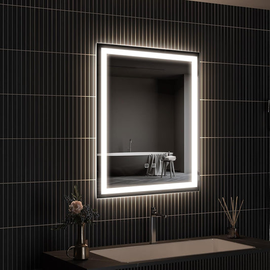 APRILSOUL 24x30 Inch LED Bathroom Mirror with Front and Backlit, Makeup Mirror with 3 Color Lights, Memory Function, Anti-Fog and Dimmable Light (Horizontal)