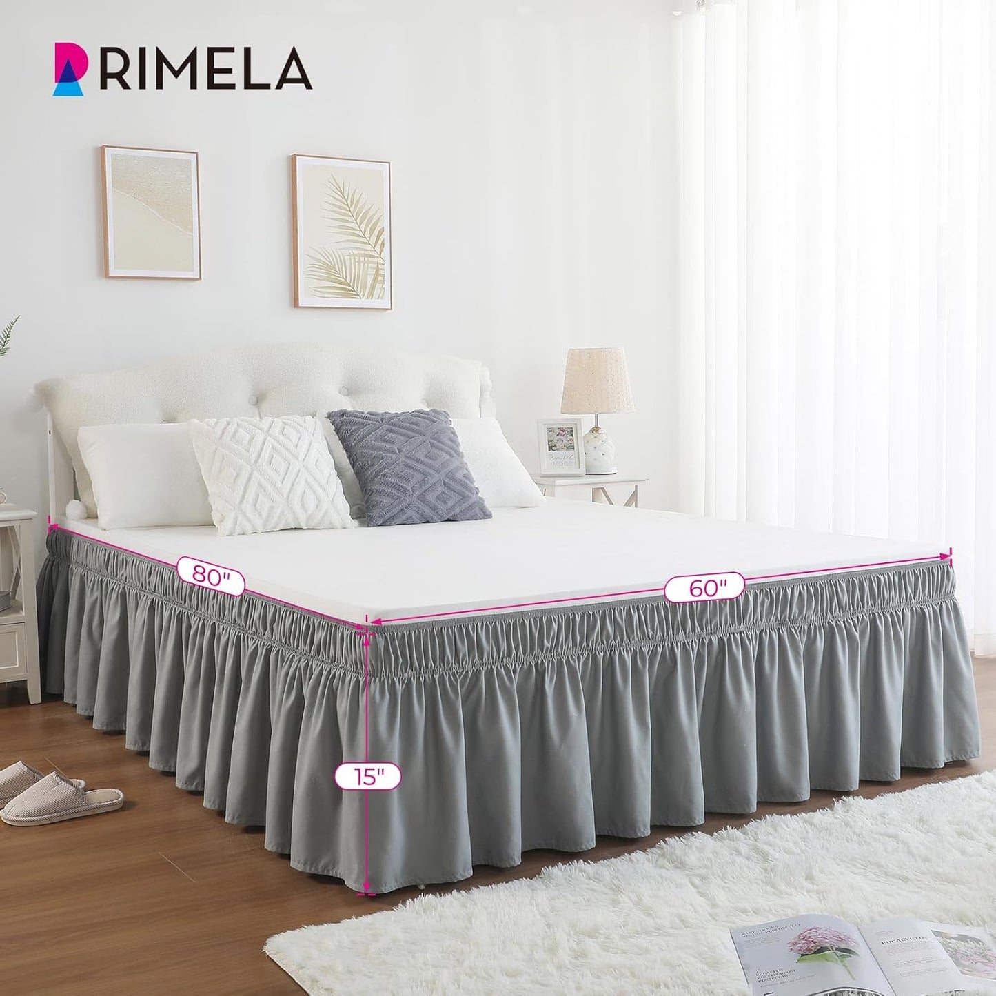 RIMELA Bed Skirt Full Size Silver Grey Bed Skirt 15 Inch Drop, Wrap Around Elastic Adjustable Bedskirt, Dust Ruffle for Bed Frame & Box Spring Soft Durable Fabric Machine Washable Easy to Install
