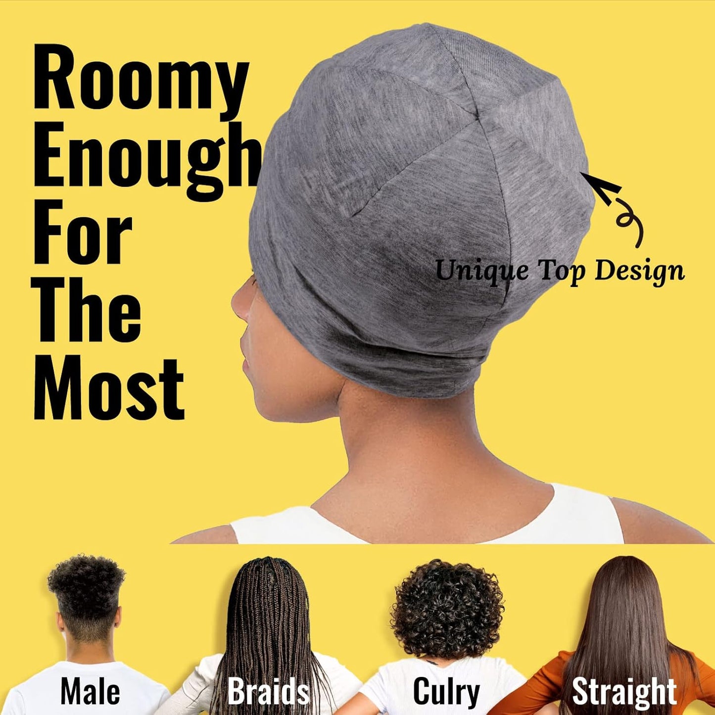 Satin Lined Sleep Cap Bonnet for Curly Hair and Braids, Stay On All Night Hair Wrap with Adjustable Strap for Women and Men, Black and Grey, Pack of 2