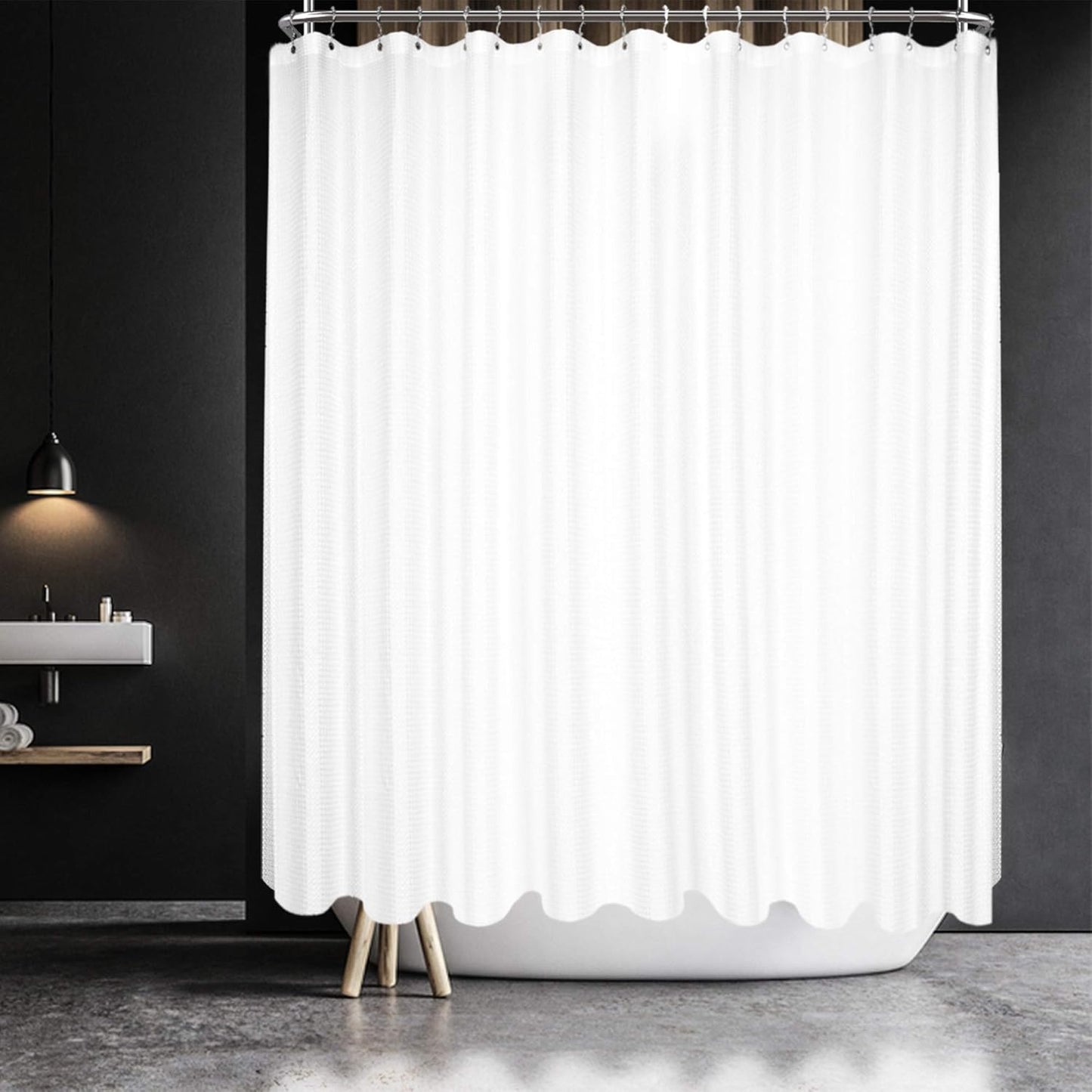 Barossa Design Waffle Weave Clawfoot Tub Shower Curtain 180 x 84 Inch Wrap Around - Extra Long & Extra Wide, Heavyweight Fabric, Washable, Water Repellent, with 36 Hooks Set, White, 180x84