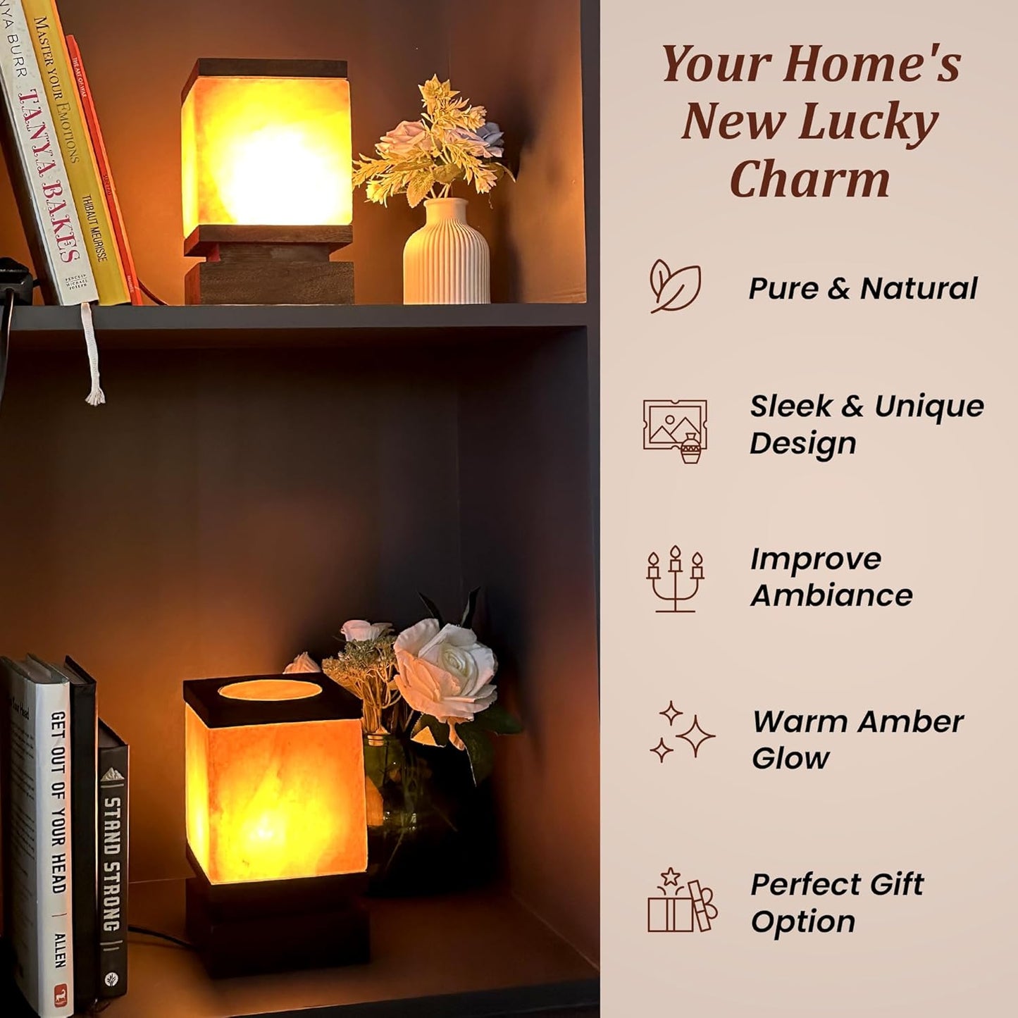 POHS 100% Authentic Himalayan Pink Salt Cube Lamp with Black Wooden Base, Dimmer Switch Cord and Two Bulbs, Night Light for Home and Office Table and Desk, Gift and Decor