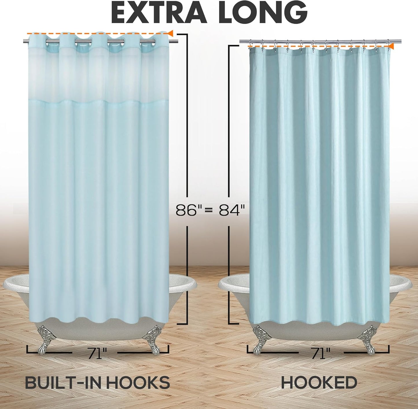River Dream Extra Long No Hook Slub Textured Shower Curtain with Snap-in PEVA Liner Set - 71" x 86"(84"), Hotel Style with See Through Top Window, Blue Fabric Curtain & Waterproof Liner, Blue, 71x86
