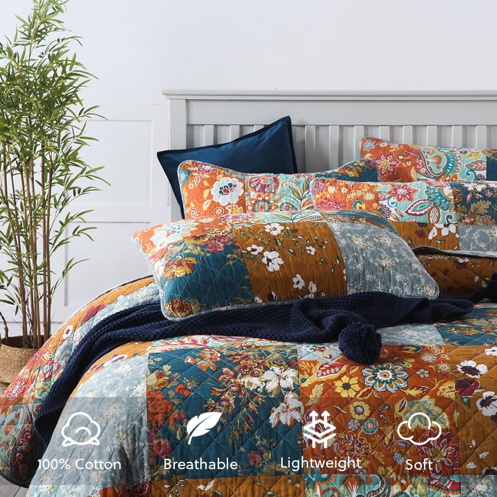 Cotton Bedspread Quilt Bedding Sets 3 Pieces Reversible Coverlet Sets Comforters Luxury Paisley Floral Patchwork Brown Bedspread, Queen Size