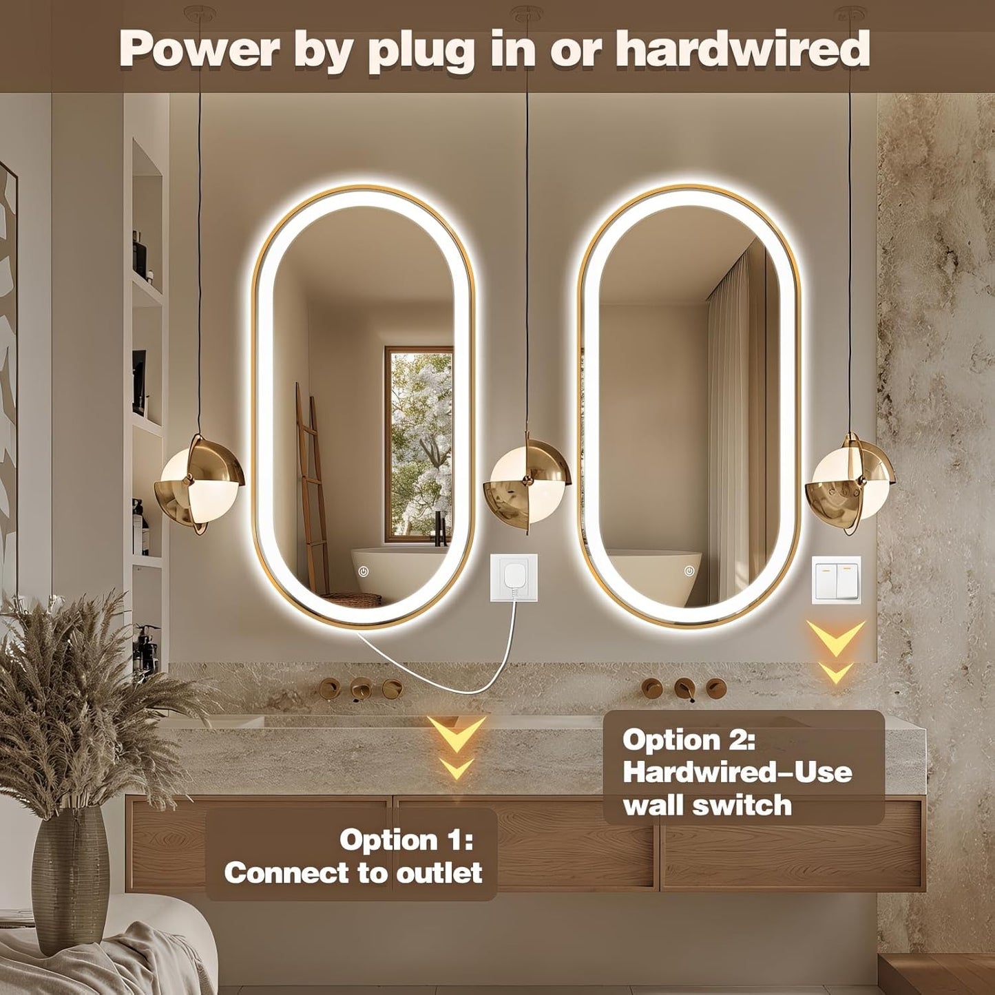 51" x 27" Oval LED Bathroom Mirror with Lights, Gold Metal Framed Anti-Fog LED Vanity Mirror, Lighted Bathroom Mirrors Wall Mounted, Stepless Dimmable, Shatter-Proof, Horizontal/Vertical