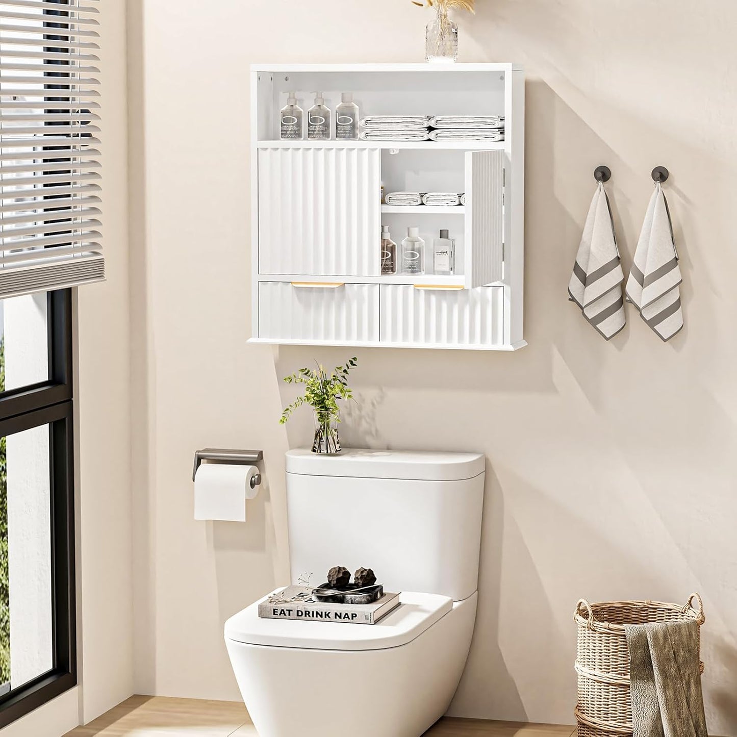 Bathroom Wall Cabinet, Wall Mounted Medicine Cabinet with Drawers, Modern Farmhouse Storage Cabinet with with Adjustable Wood Shelf & Doors for Bathroom, Kitchen, Laundry Room (White)