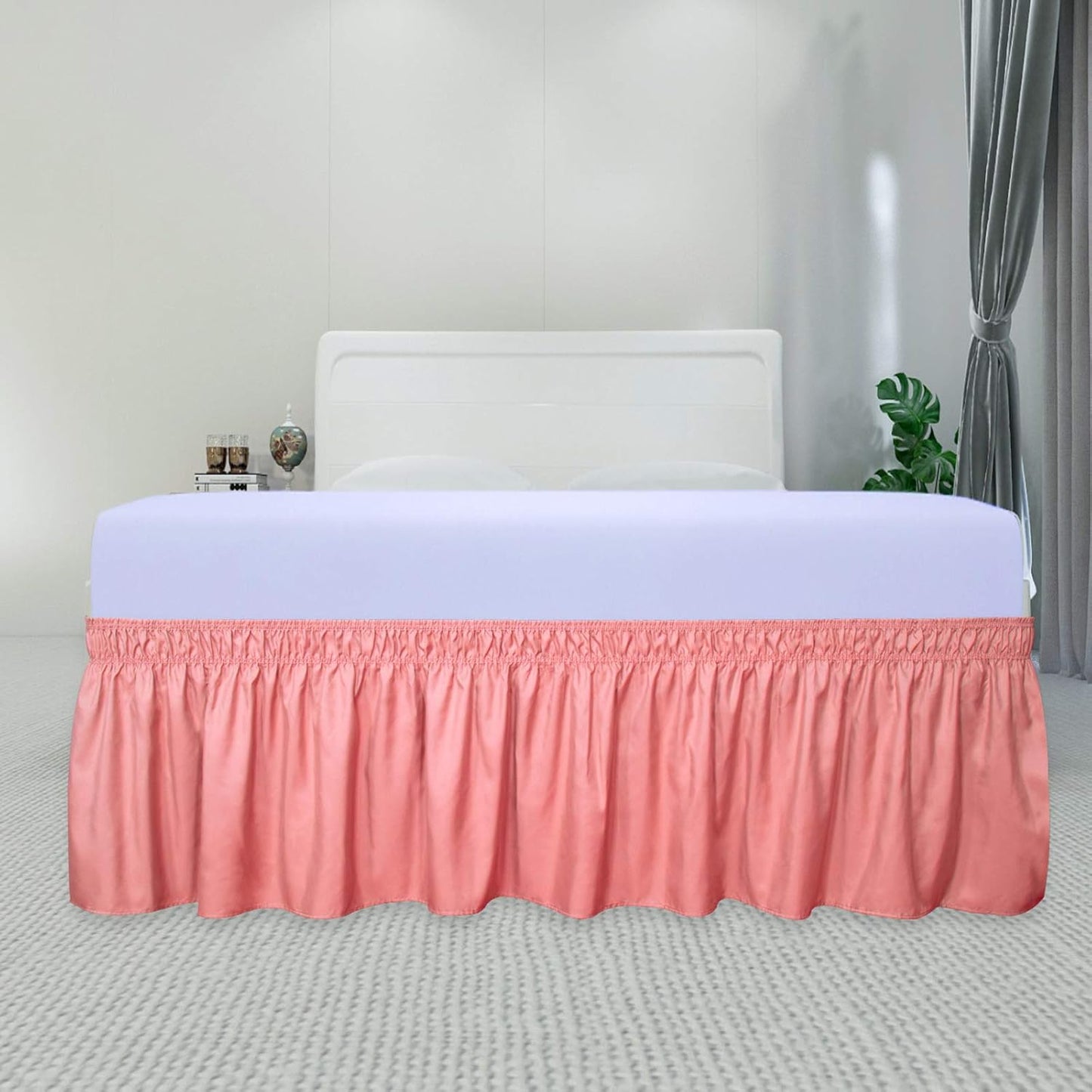 PureFit Wrap Around Ruffled Bed Skirt with Adjustable Elastic Belt - 22 Inch Drop Easy to Put On, Wrinkle Free Bedskirt Dust Ruffles, Bed Frame Cover for Twin,Twin XL and Full Size Beds, Pink