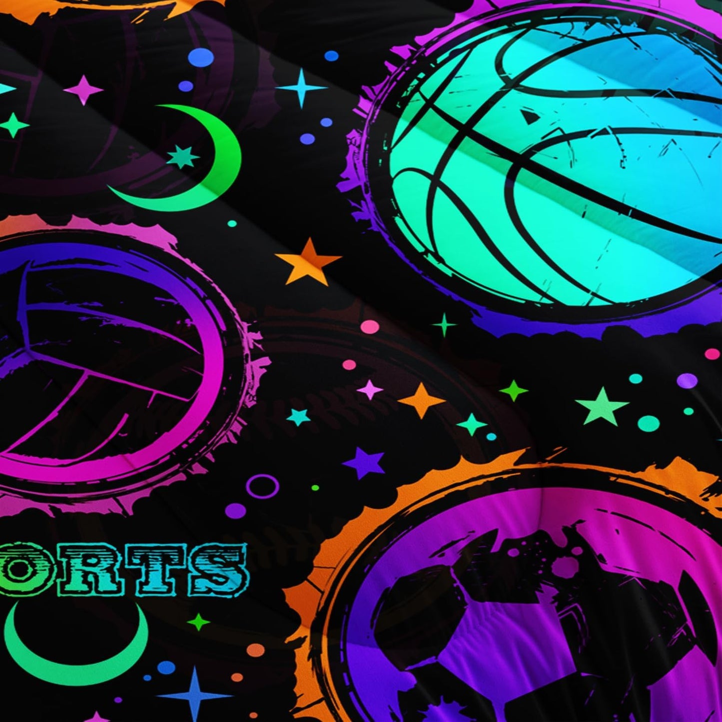 Ball Games Bedding Basketball Football Baseball Queen Comforter Set,Colorful Neon Stars and Moon Bedding Set for Kids Girls Boys Room Decor,Sports Aesthetic Bedding Sets with 2 Pillowcases.