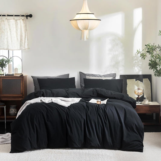 FOSSA Duvet Cover Set 100% Washed Cotton Linen Feel Super Soft Breathable Cozy 3 Pieces Bedding Sets Solid Black Oversized Queen