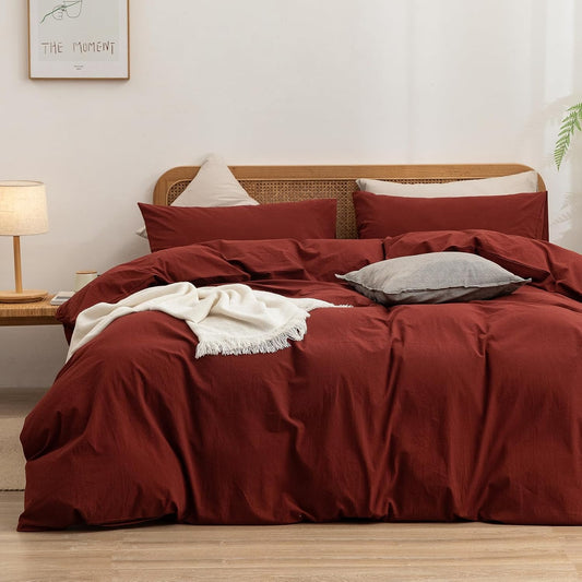 BESTOUCH Duvet Cover Set 100% Washed Cotton Linen Feel Super Soft Comfortable Chic Lightweight 2 PCs Home Bedding Set Solid Fired Brick Red Twin/Twin XL