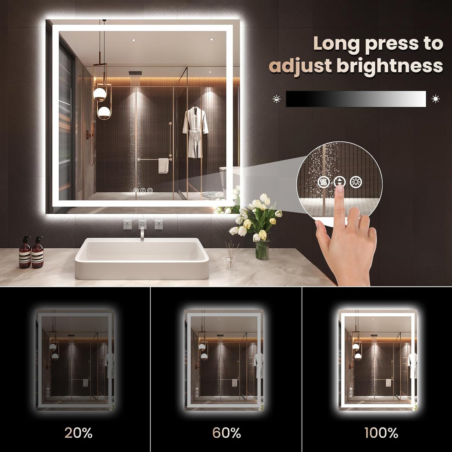 30"X36" LED Bathroom Mirror with Front Lights and Backlit, Anti-Fog, Dimmable, Shatter-Proof Tempered Glass, Lighted Bathroom Vanity Mirror for Wall with 3 Colors, Memory Function