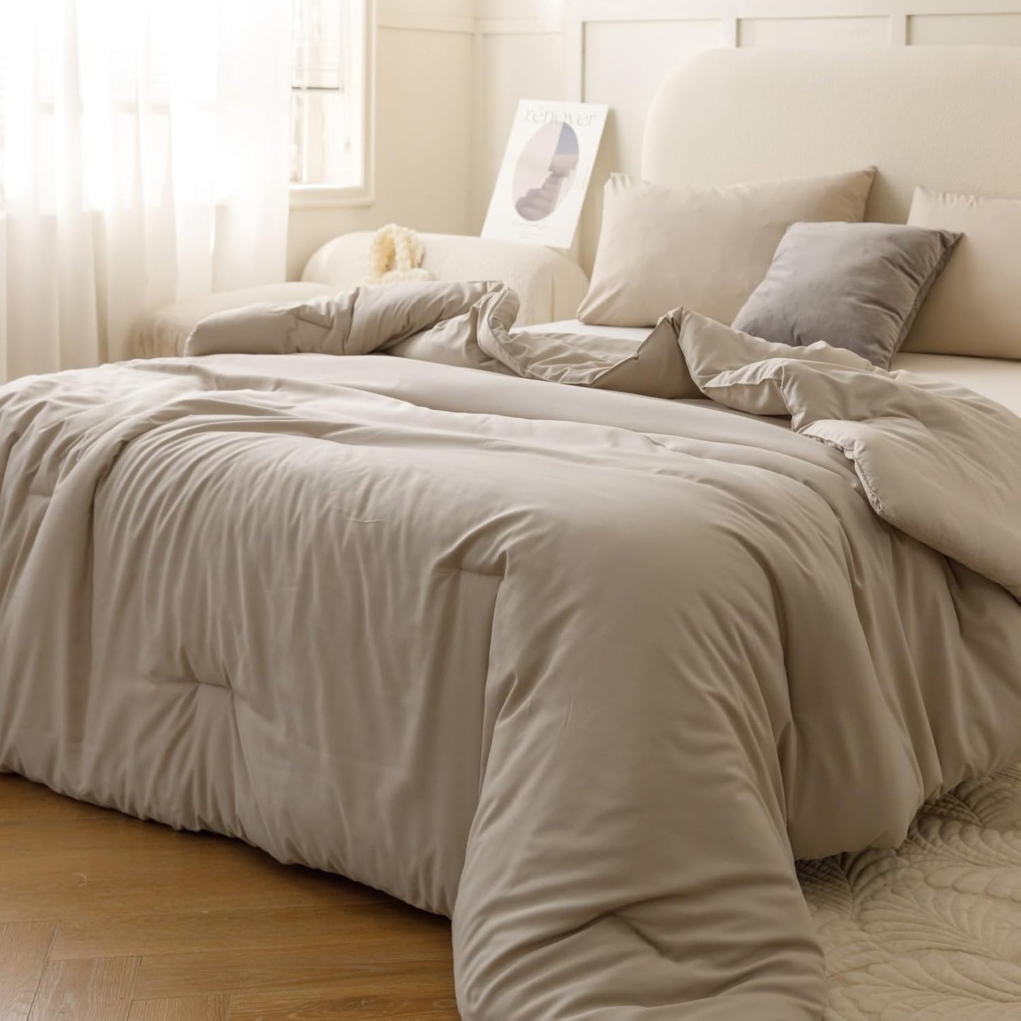 ROSGONIA Oversized King Comforter Oatmeal, 3pcs(1 Boho Comforter & 2 Pillowcases), Lightweight Oversized King Size Comforter Sets All Season Bedding