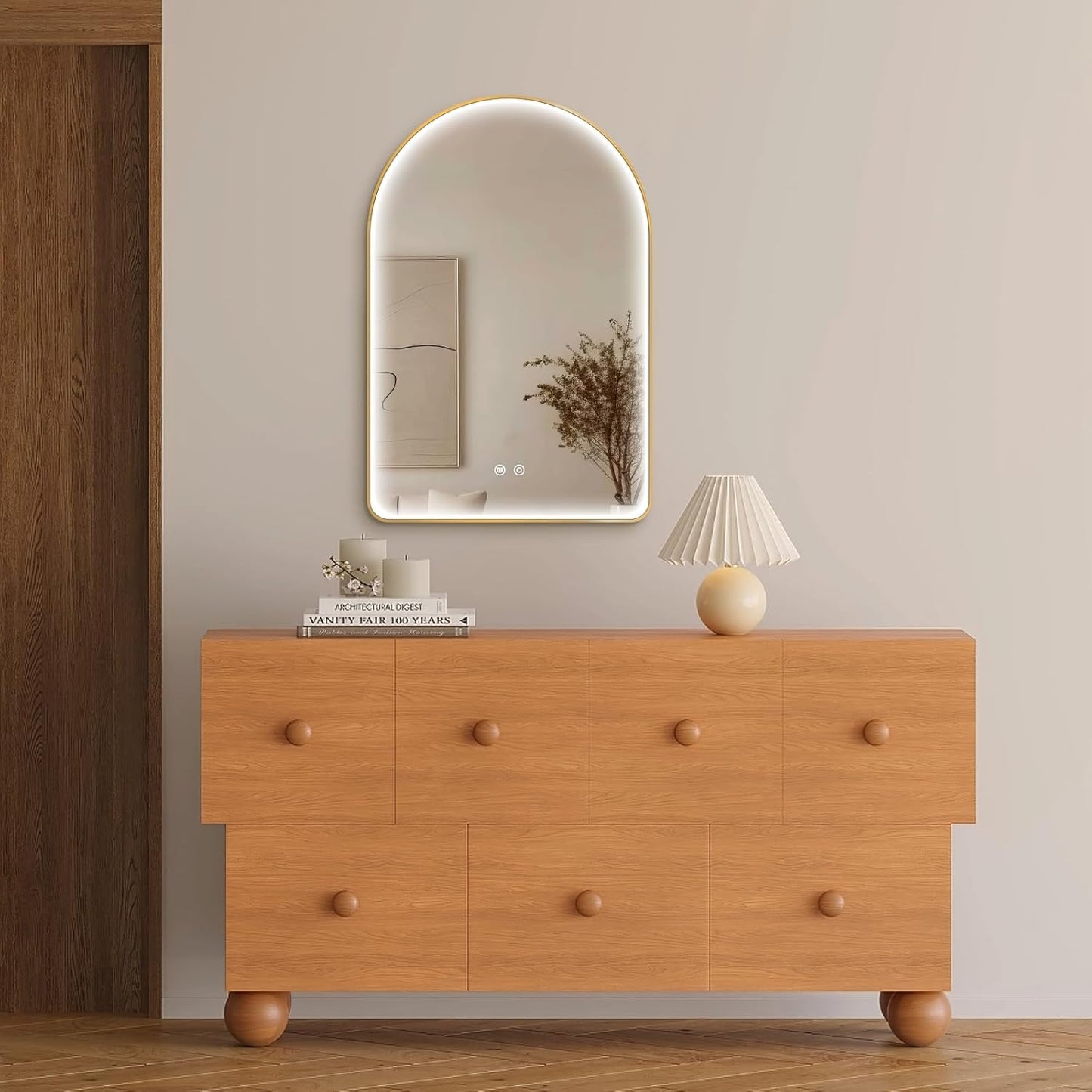 Niccy Arched LED Bathroom Mirror, 36"x24" Gold Framed Arch Wall Lighted Mirrors, Arching Frontlit Vanity-Mirror with Memory Function for Bathroom Bedroom, Defogger and 3 Color, Explosion-Proof