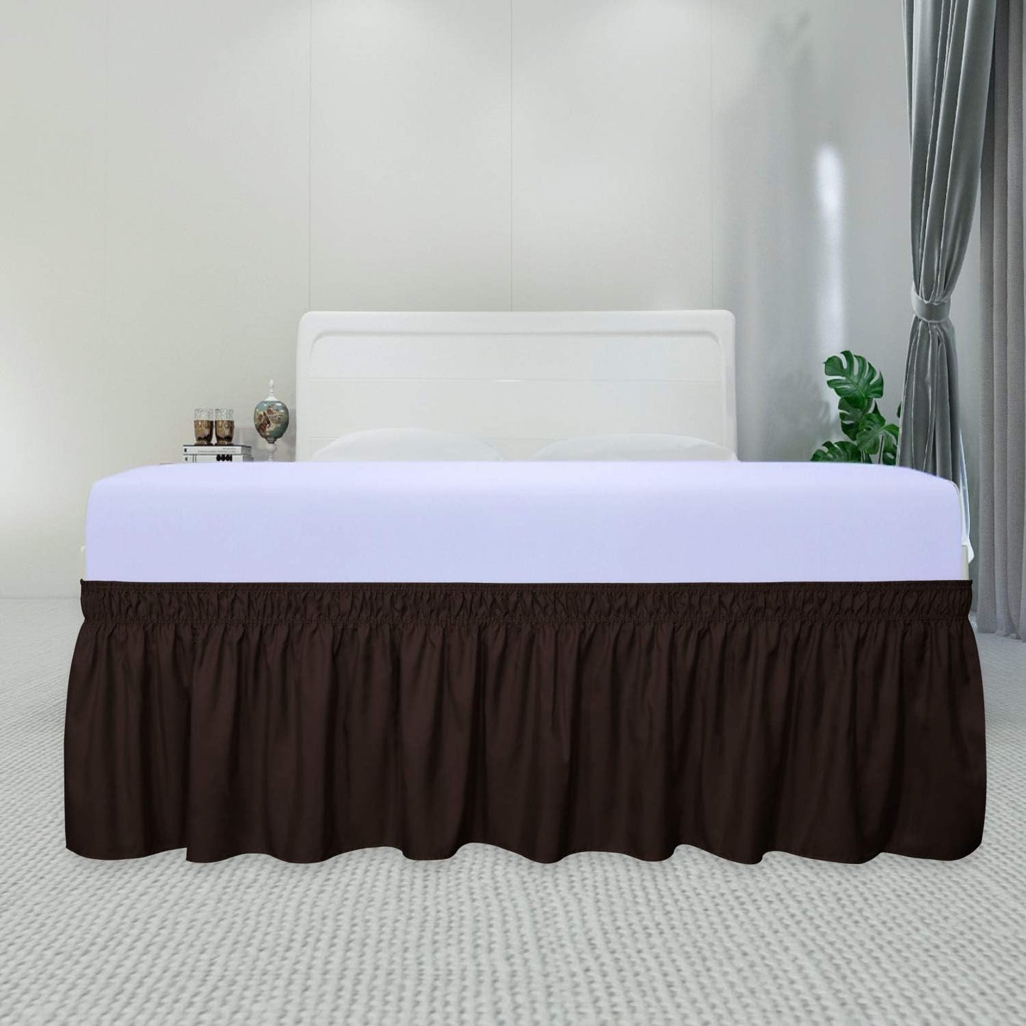 PureFit Wrap Around Ruffled Bed Skirt with Adjustable Elastic Belt - 22 Inch Drop Easy to Put On, Wrinkle Free Bedskirt Dust Ruffles, Bed Frame Cover for Twin,Twin XL and Full Size Beds, Chocolate