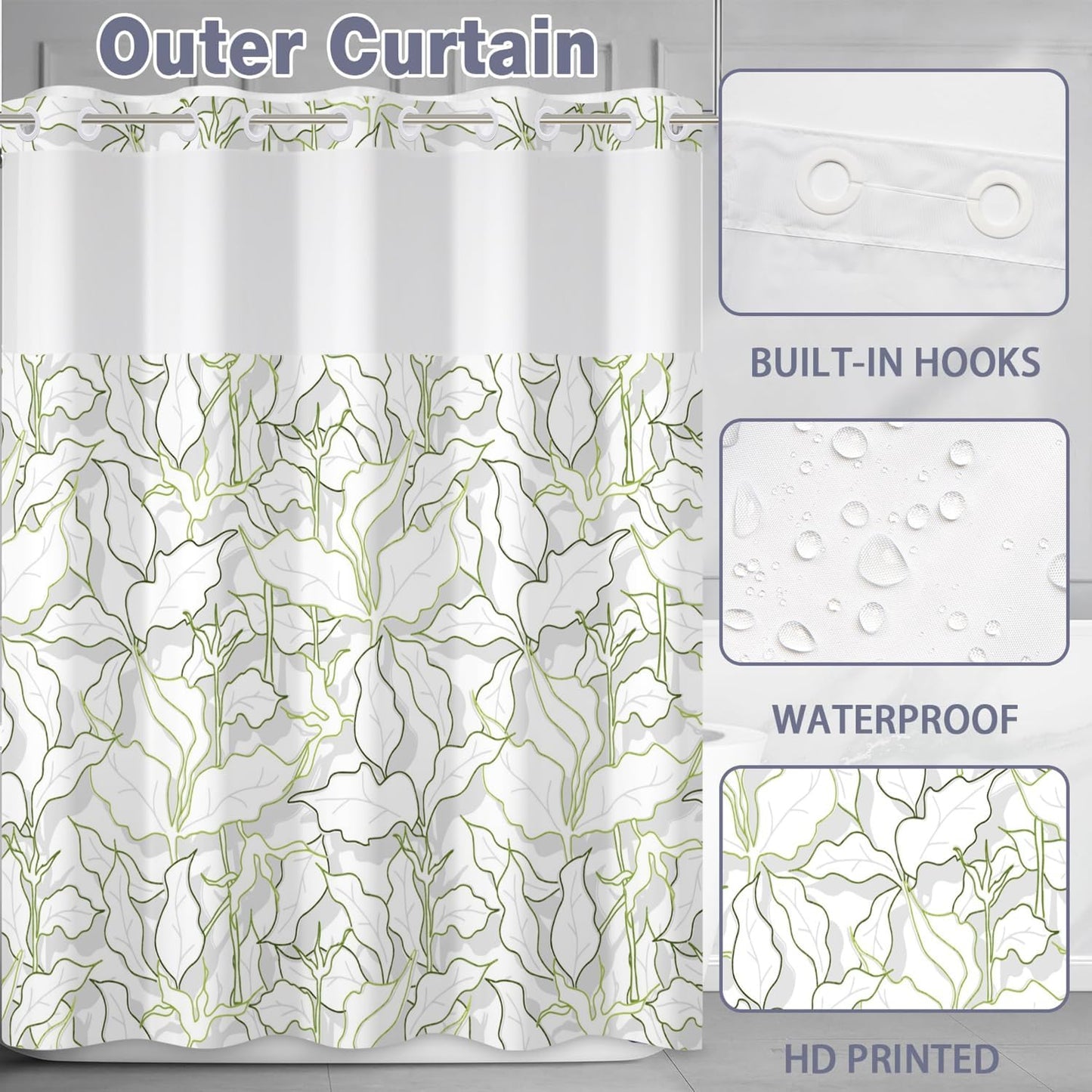 Leaves Shower Curtain No Hooks with Liner for Bathroom Decor,Green Leaves Line Shower Curtain with See Through Top Window,Modern Simple Art Hotel Style,Waterproof Washable,Easy to Install,71x74 Inch