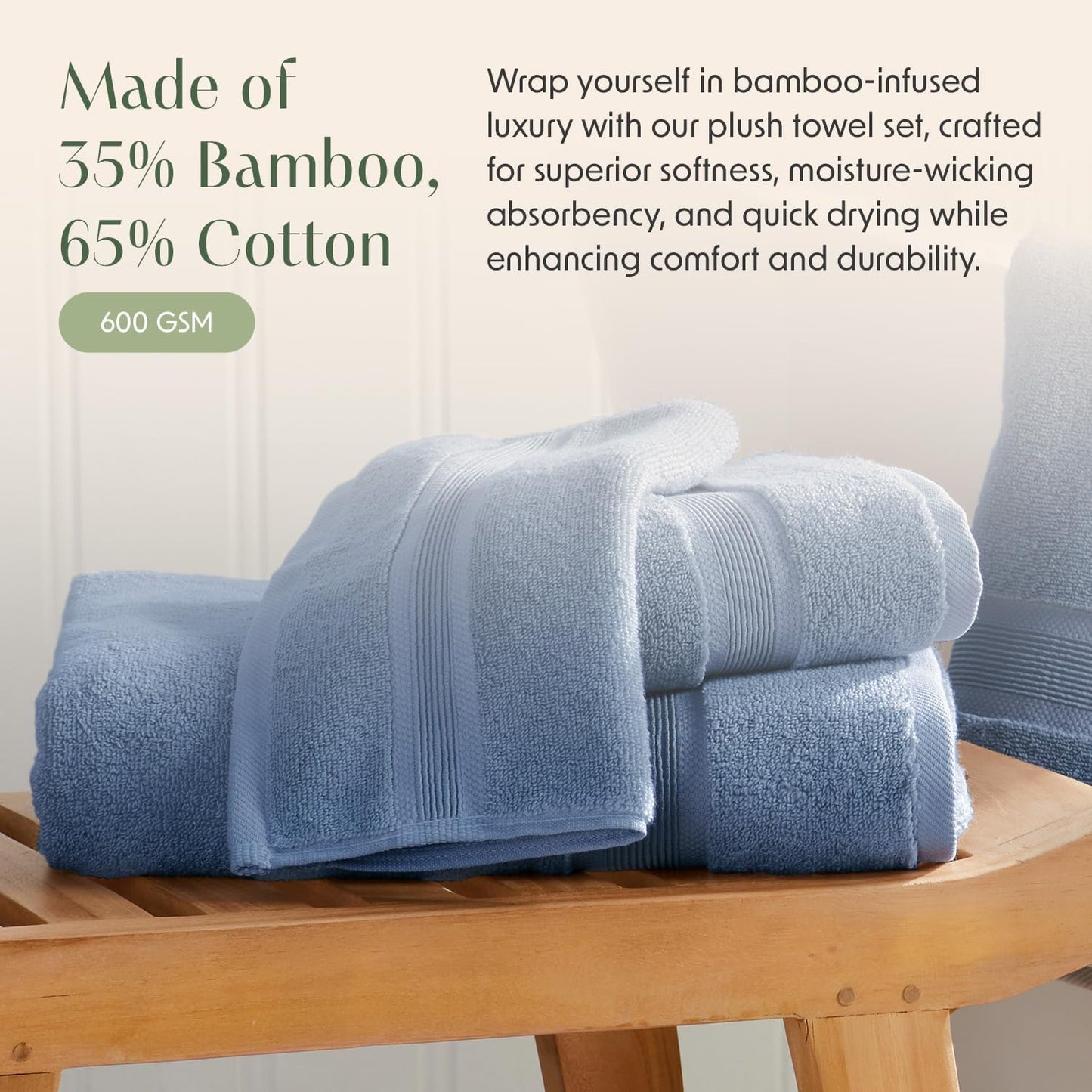 Springtree Home Luxury Bamboo Rayon Bath Towel Set 6 Piece Set | 35% Bamboo Rayon - 65% Cotton | Absorbent Quick-Dry Towels for Bathroom | Oeko-TEX Standard 100 Cotton | Mediterranean Blue