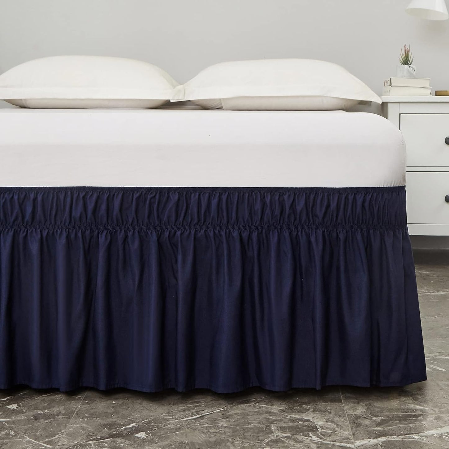 MEILA Wrap Around Bed Skirt Three Fabric Sides Elastic Dust Ruffled 14 Inch Tailored Drop,Easy to Install Fade Resistant-Navy Blue, Queen/King