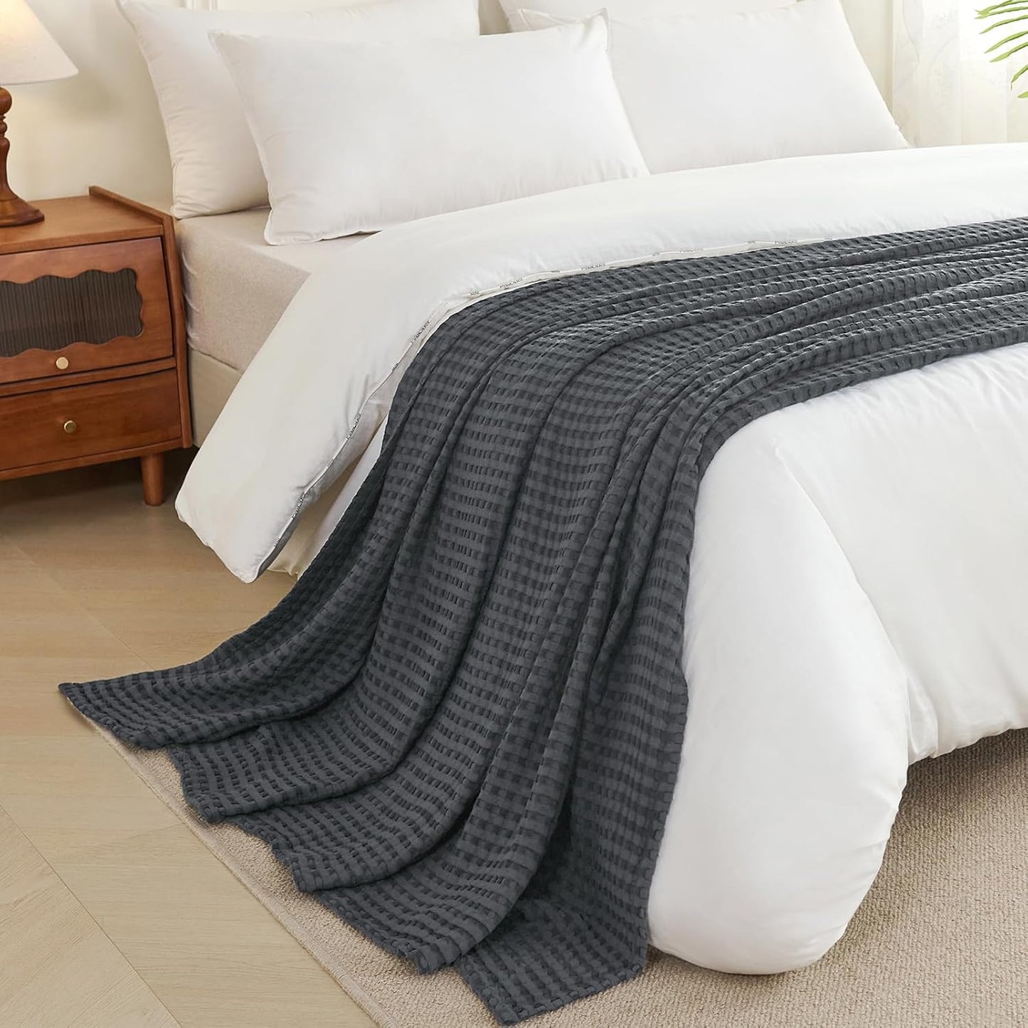 Aganear Waffle Blanket - Lightweight Breathable Summer Blanket of 50% Cotton and 50% Rayon Derived from Bamboo for Hot Sleepers Luxury Throws for Bed, Couch and Sofa,Dark Grey,104x90 Inches
