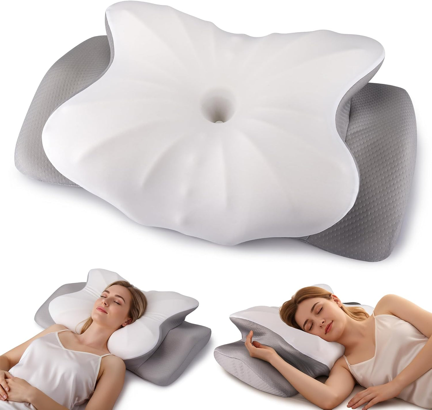 Cervical Neck Pillow, Ergonomic Side Sleeper Pillow for Pain Relief, Cooling Pillow for Sleeping, Neck and Shoulder, Contour Orthopedic Memory Foam Pillows for Back Stomach Sleepers White Grey