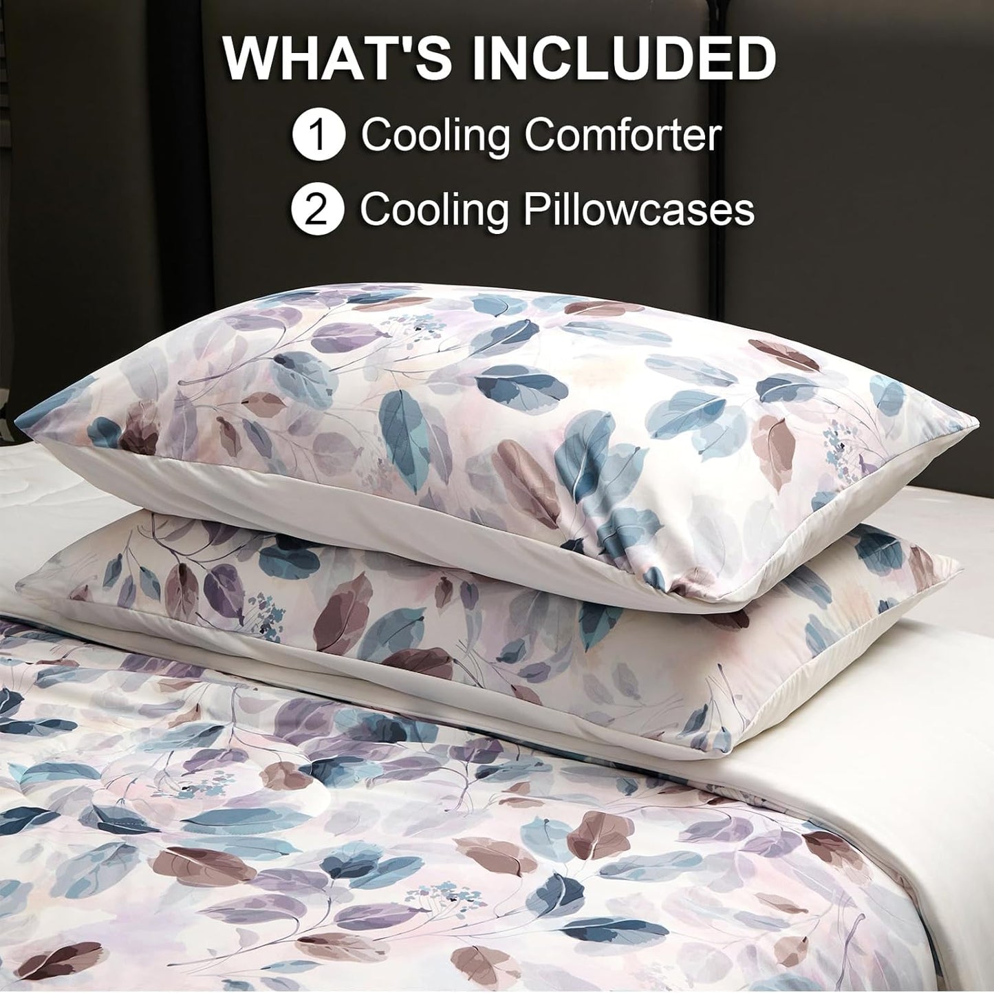 Cyusri Print Cooling Comforter Set 3Pcs Breathable Cool King Size Bedding Set with 2 Pillowcases Leaf Pattern Silky Cold Quilt, Blue 108"x90"
