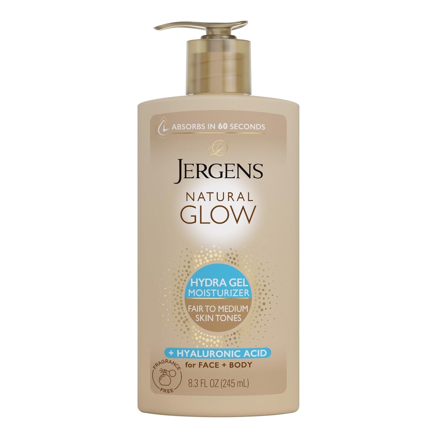 Jergens Natural Glow Hydra Gel Moisturizer, Hyaluronic Acid Tanning Lotion, Hydrating Tanning Gel, Fragrance-Free Self Tanner, Fair to Medium Skin Tones, 8.3 Fl Oz