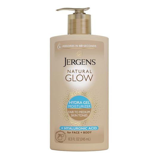 Jergens Natural Glow Hydra Gel Moisturizer, Hyaluronic Acid Tanning Lotion, Hydrating Tanning Gel, Fragrance-Free Self Tanner, Fair to Medium Skin Tones, 8.3 Fl Oz