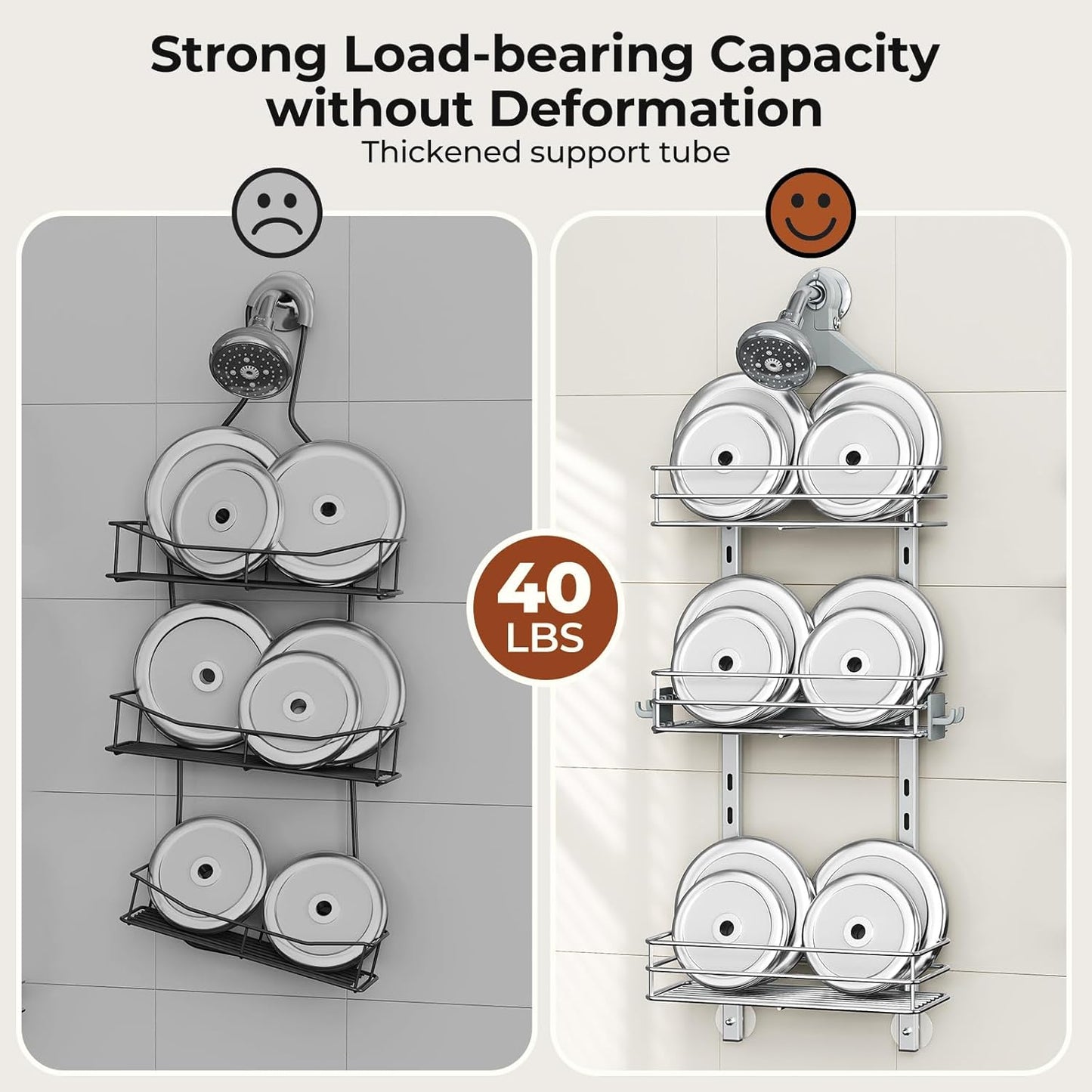 Orimade Aluminum Hanging Shower Caddy Over Head, Adjustable Anti-Slip Bathroom Shelves with Hooks, Rustproof Shower Organizer Storage Rack, Silver 3 Tier