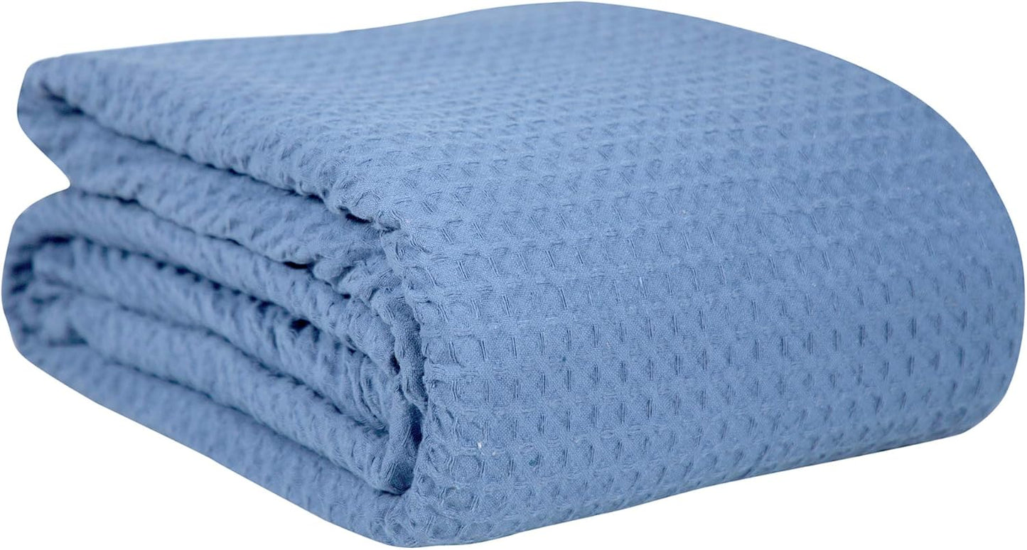HILLFAIR 100% Combed Cotton Blanket– Queen Size Bed Blankets– Warm Soft All Season Breathable Lightweight Summer Blankets– Waffle Weave Home Decor Bed Blanket- Blue Queen Bed Cotton Blankets/Bedcovers