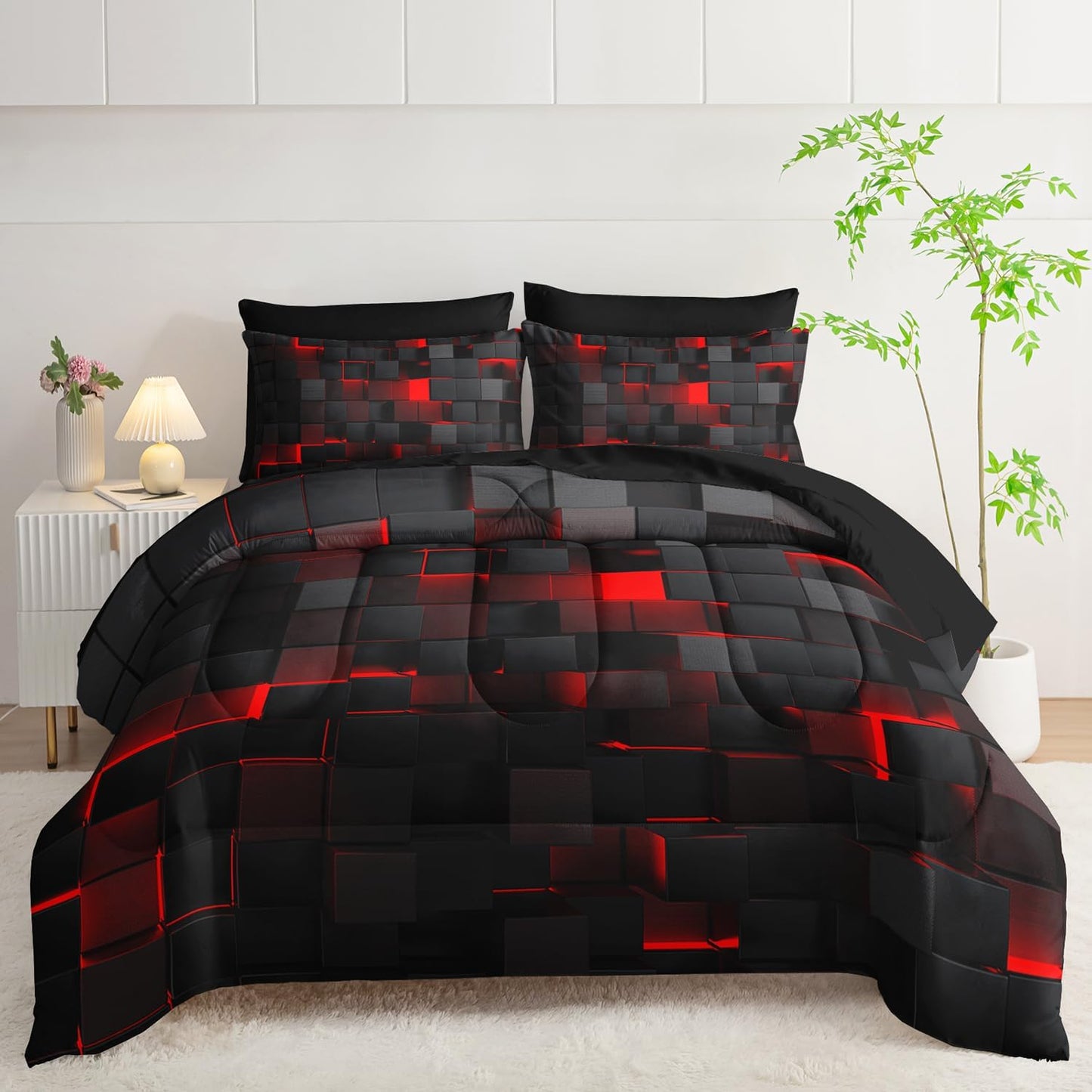 7pc Black & Red Comforter Set Queen - 3D Cube Bed in a Bag, Geometric Pattern, Soft Microfiber Bedding, All Season