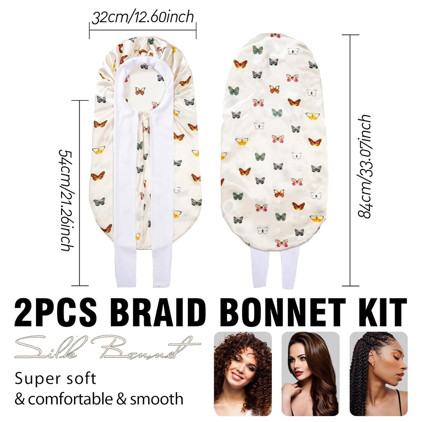 2Pcs Bonnets for Black Women Braid Bonnet, Large Long Satin Bonnet for Braids, Silk Bonnet with Stretchy Tie Band Sleep Cap Hair (2Pcs-Black-Silver Pattern)