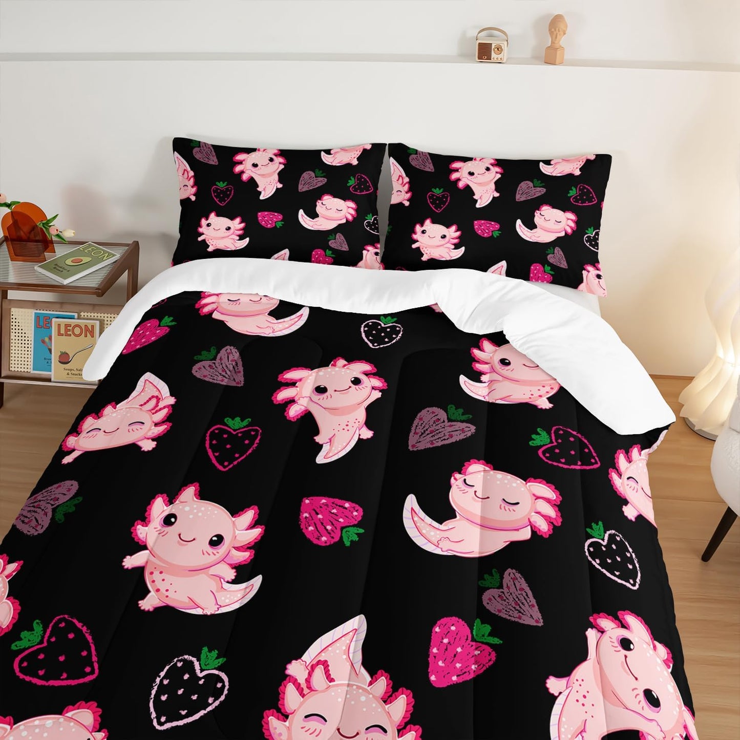 Cute Axolotl Bedding Set Queen Size,Pink Axolotl Strawberry Printed Comforter Sets Aesthetic Bedding for Kids Girls,Beach Coastal Animal Themed Comforter Sets with 2 Pillowcases.