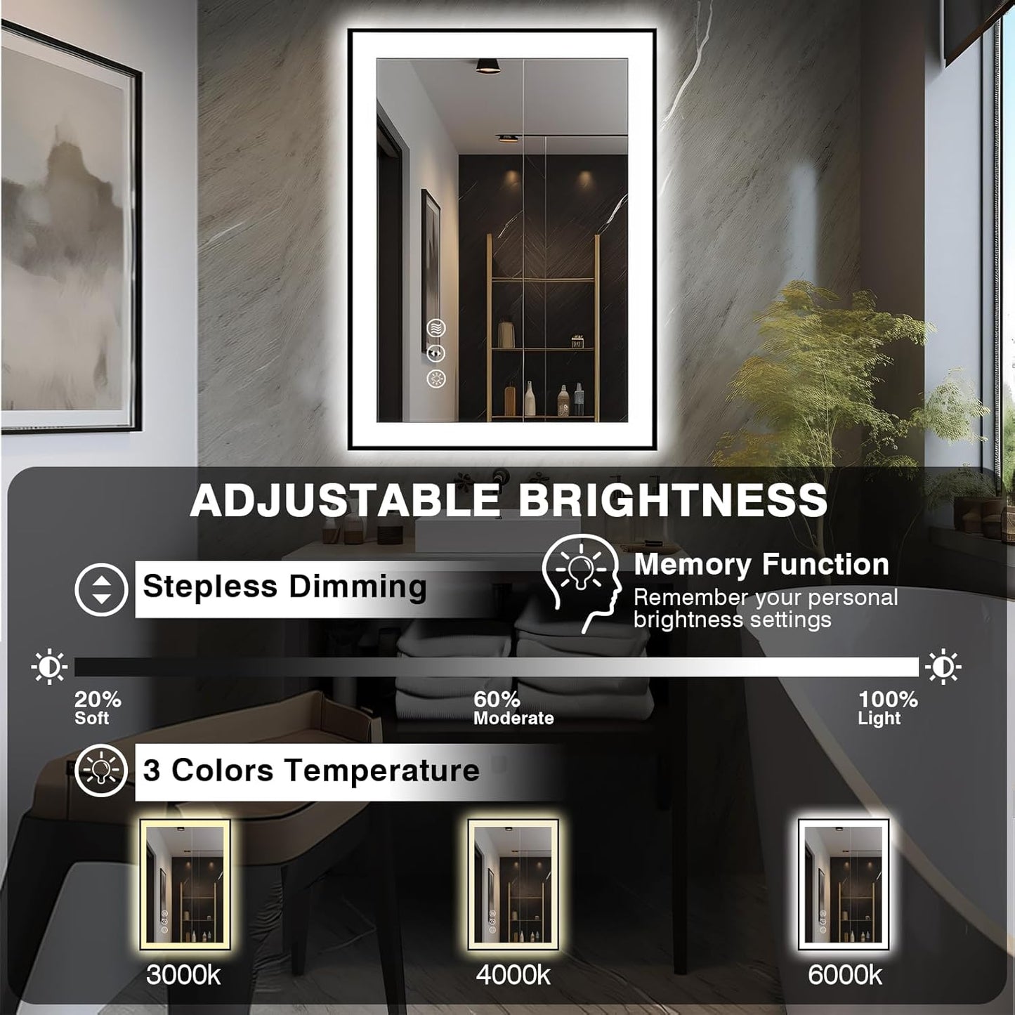 24x32 LED Bathroom Mirrors for Wall -Black Aluminum Framed (Front and Backlit), Anti-Fog Vanity Mirror With Lights,Stepless Dimmable Lighted Mirror,3 Colors Smart Mirror(Horizontal/Vertical)