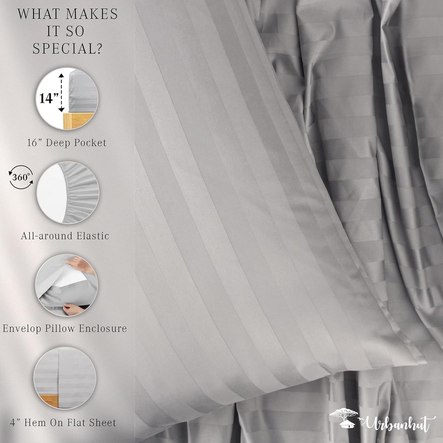 URBANHUT 1000 Thread Count Egyptian Cotton Sheets Damask Striped Twin Size, Breathable Long Staple, 4 Pc Bed Sheet Sets, Luxury Hotel Sateen Sheets Fits 16" Deep Pocket - Silver Grey
