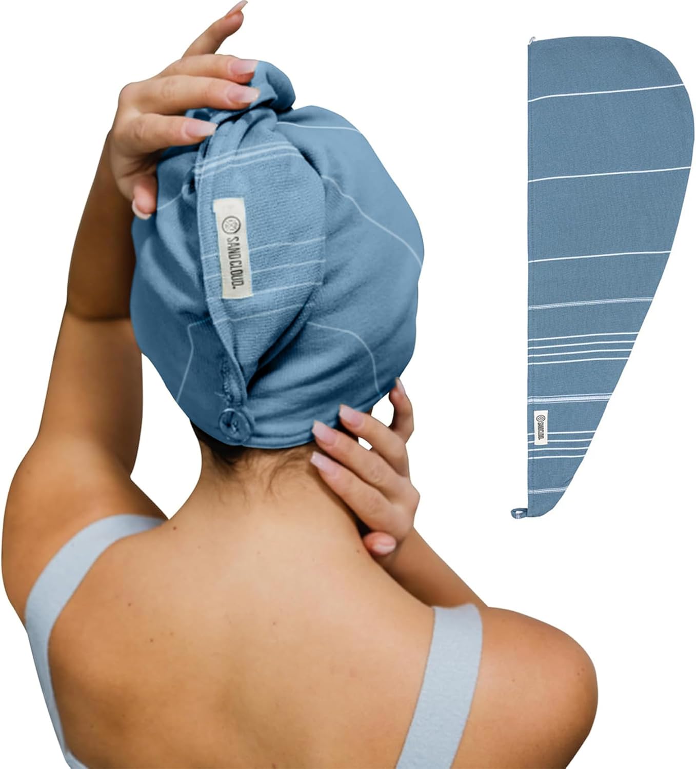 Sand Cloud Hair Towel Wrap for Women & Men, (Slate Blue, Classic) - 100% Turkish Cotton Quick Hair Drying Towel Wrap - Absorbent Half Terry Weave Hair Plop Head Towel Wrap with Binding Edge