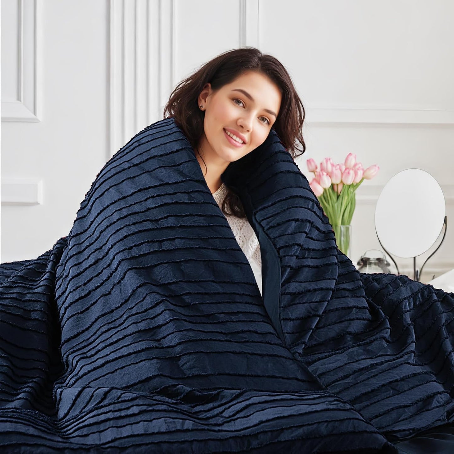 NEXHOME PRO Duvet Cover Queen Size, Navy 3 Pieces Boho Tufted Duvet Cover Set, Soft and Lightweight Microfiber Comforter Cover Set for All Season (Navy Queen, 90 x 90)-No Comforter