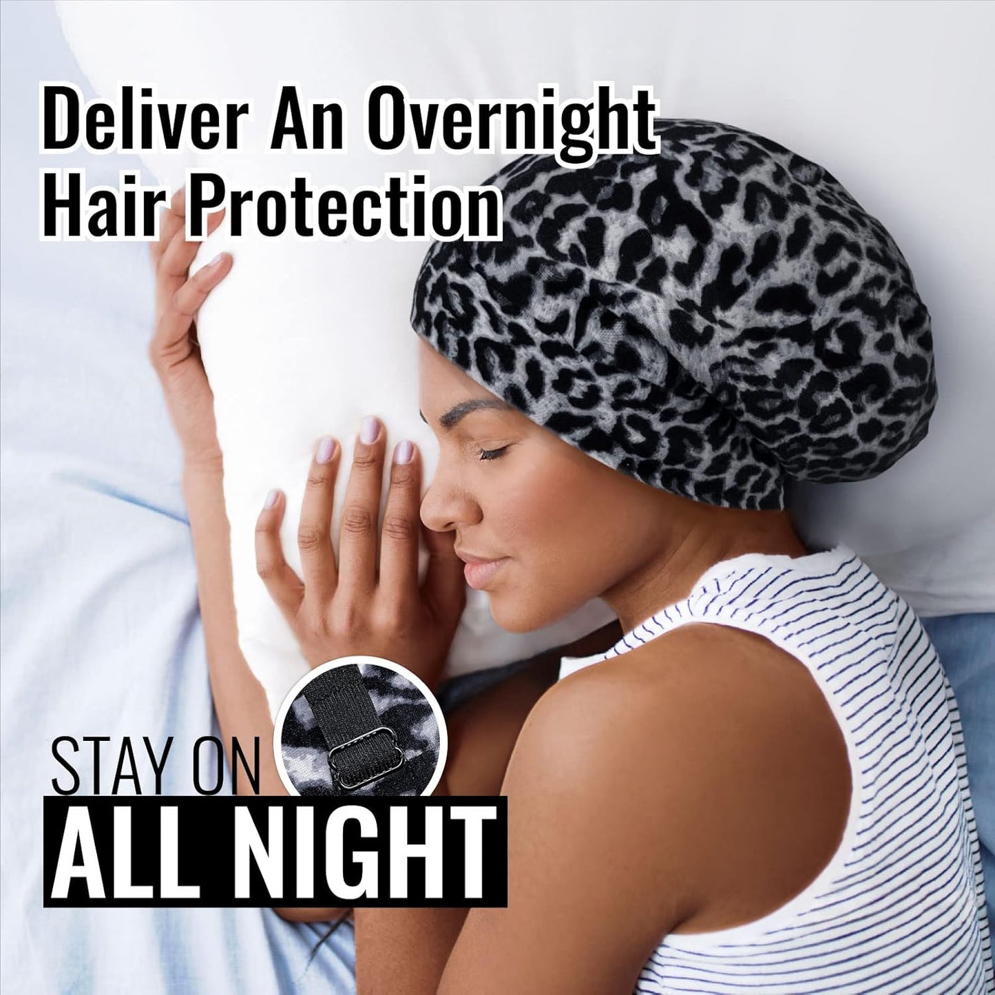 Satin Lined Sleep Cap Bonnet for Curly Hair and Braids, Stay On All Night Hair Wrap with Adjustable Strap for Women and Men, Black Leopard, Pack of 1