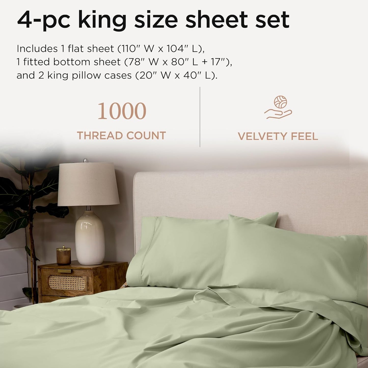 Threadmill Luxury Supima Cotton Sheets, 1000 Thread Count Soft 100% Cotton Sheets for King Size Bed, 4 Pc Sage Green King Bed Sheet Set, 5-Star Hotel Quality with Elasticized Deep Pocket King Sheet