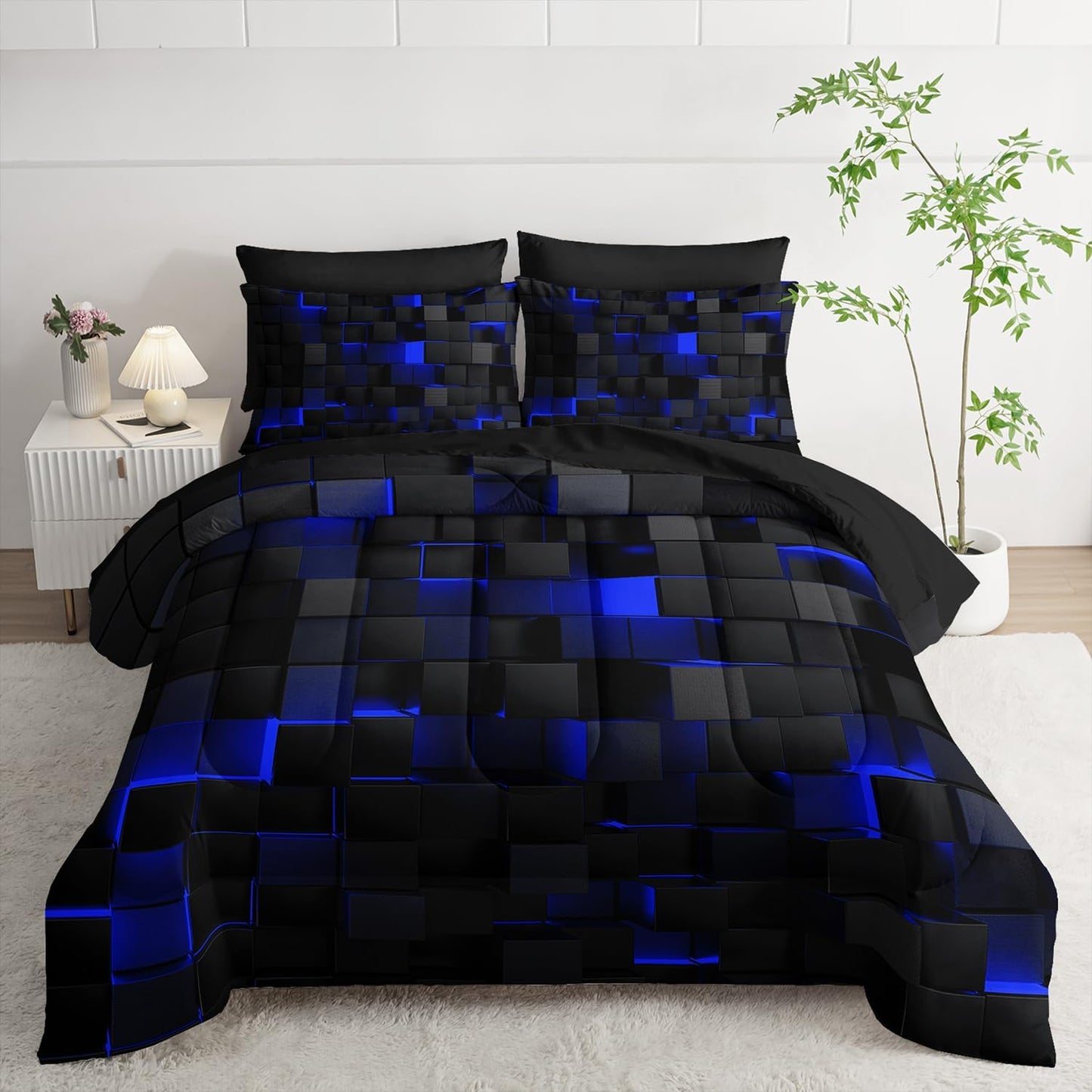 Queen Size Comforter Set 7 Piece - Black and Blue Modern Bedding, 3D Cube Design, Soft Microfiber, Gamer Bed Set, All Season