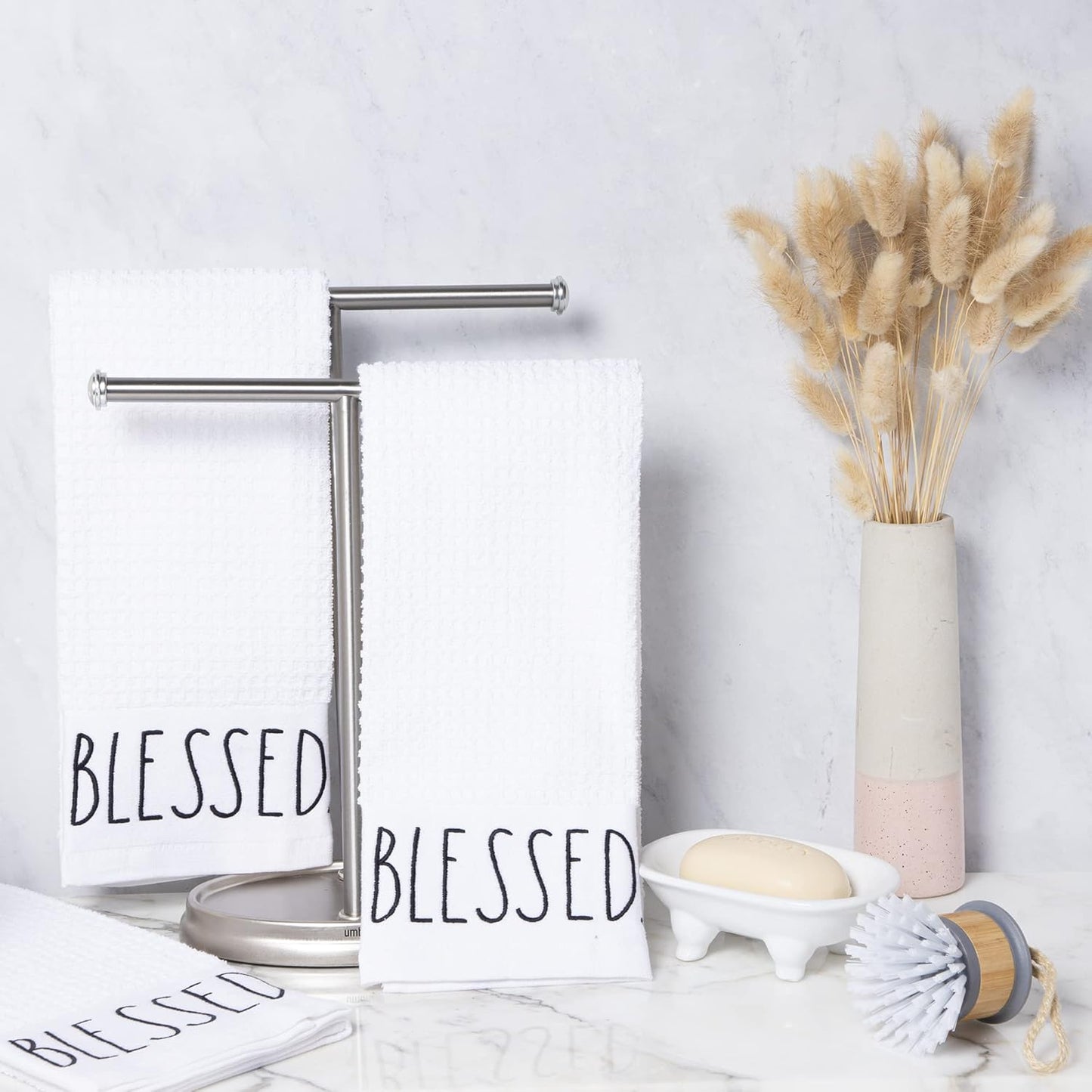 Rae Dunn Set of Hand Towels for Kitchen and Bathroom, 100% Cotton, Embroidered Dish Towels, Decorative Hand Towels, White- Blessed, 3 Pack