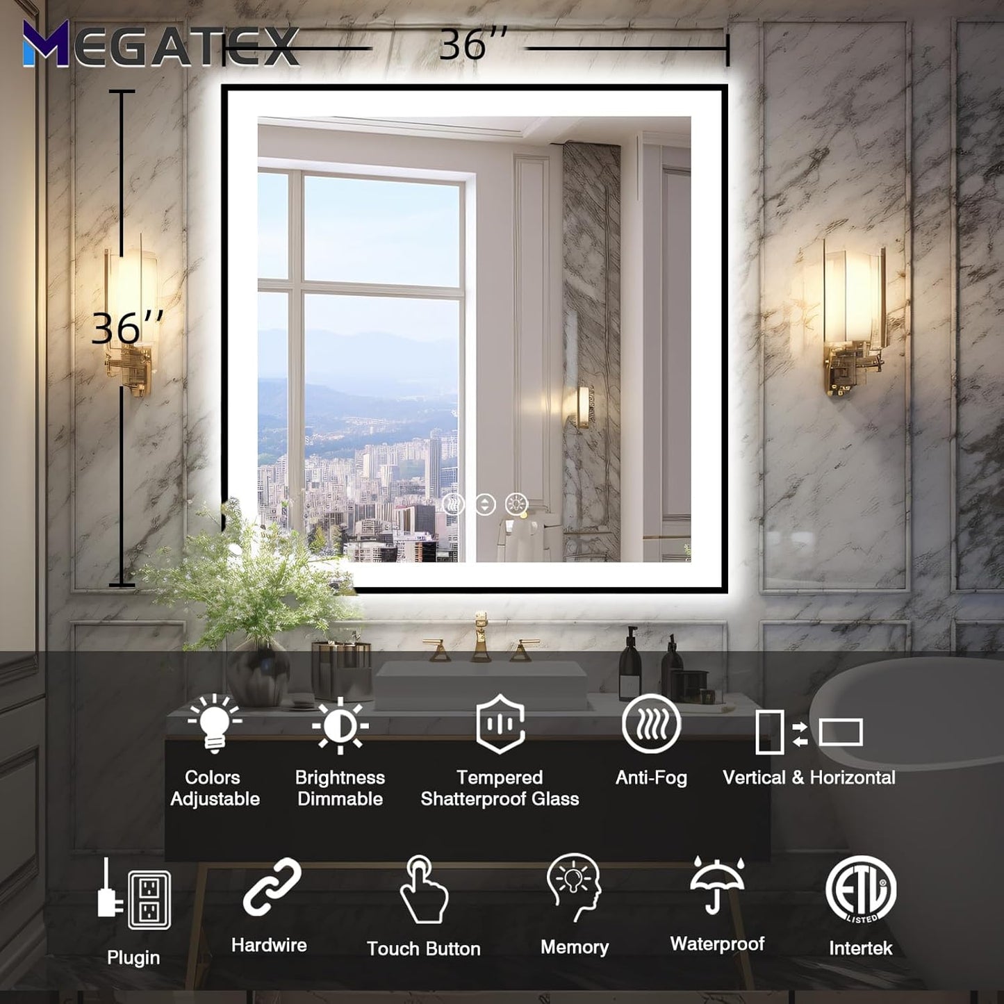 36x36 Square Lighted Bathroom Mirror, Wall-Mounted, Black Rim Mirror, Vanity(Front and Backlit), Stepless Dimmable CRI90+, Anti-Corrosion, Anti-Rust, Touch Sense, Memory(Horizontal/Vertical)