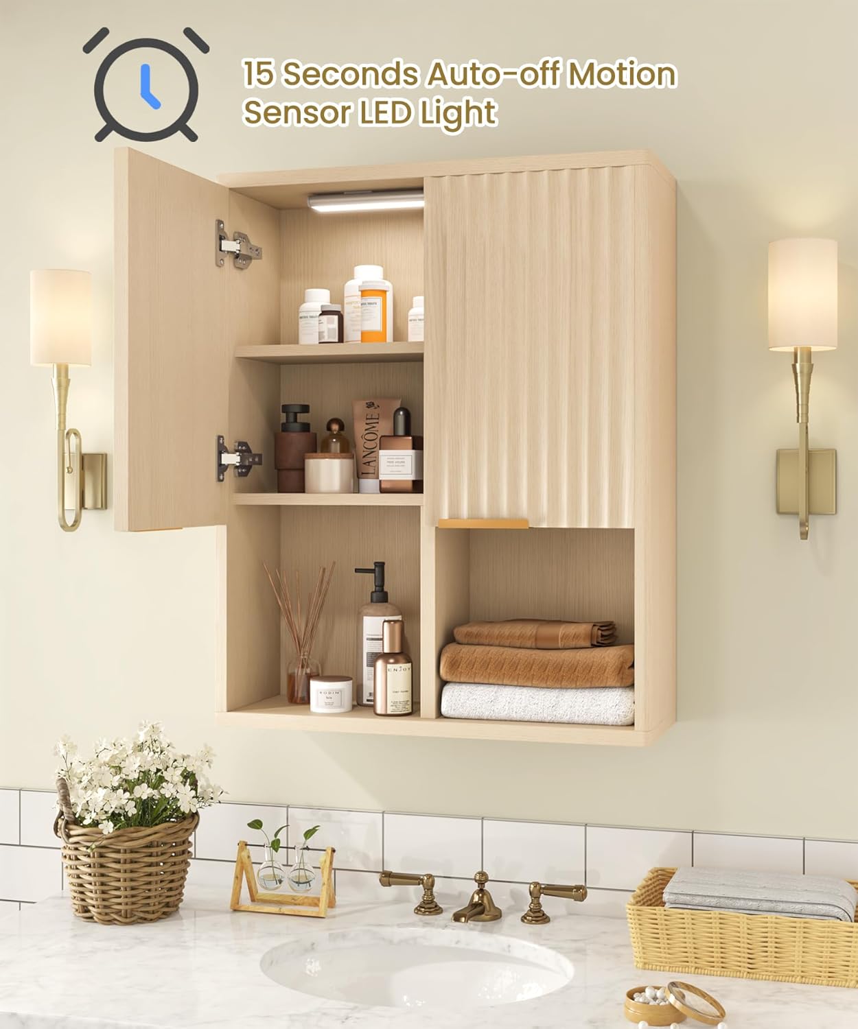 HAIOOU Fluted Bathroom Wall Cabinet with Motion Sensor Light, Curved Profile Wooden Medicine Cabinet Wall Mounted Cupboard, Wave Like Over Toilet Storage Cabinet with Buffering Hinges - Natural