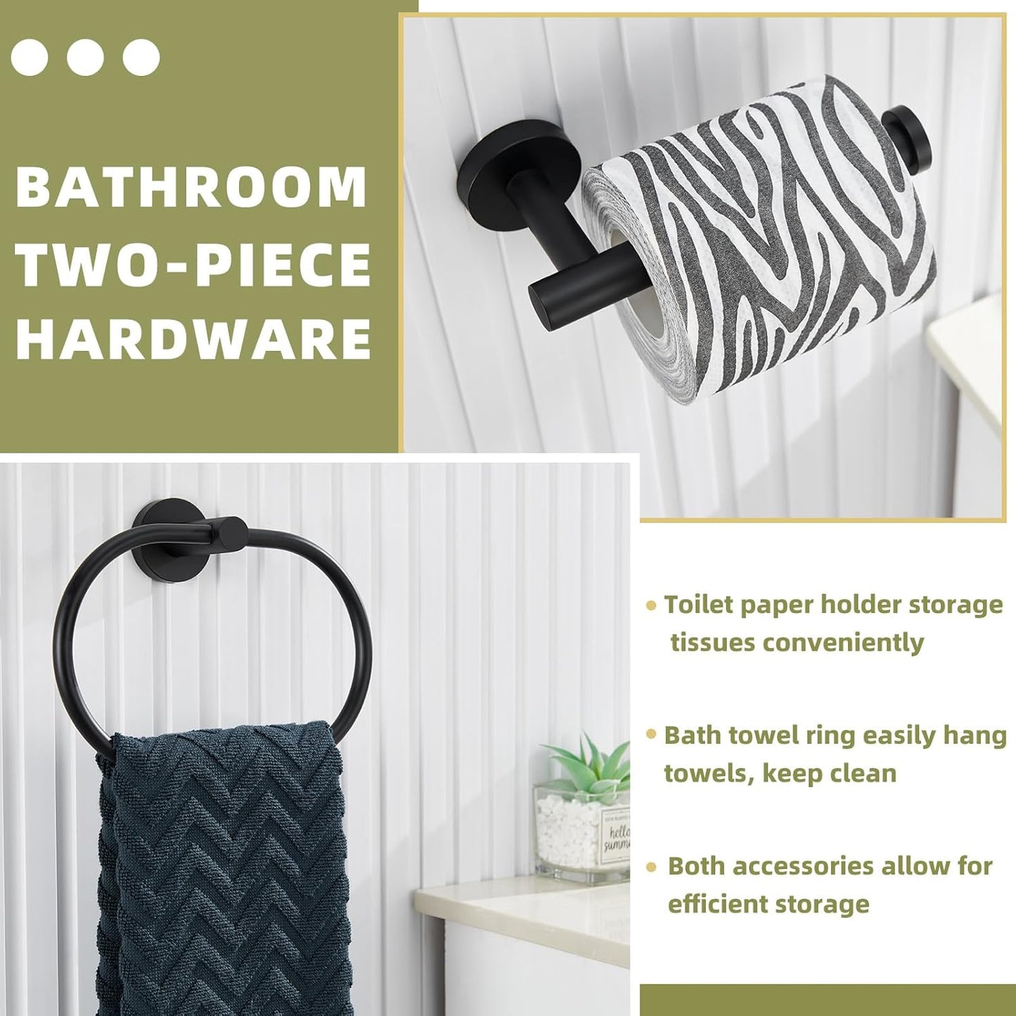 APLusee Matte Black 2 Pieces Bathroom Accessories Set, Hand Towel Ring, Toilet Paper Holder, Stainless Steel Bath Hardware Wall Mounted