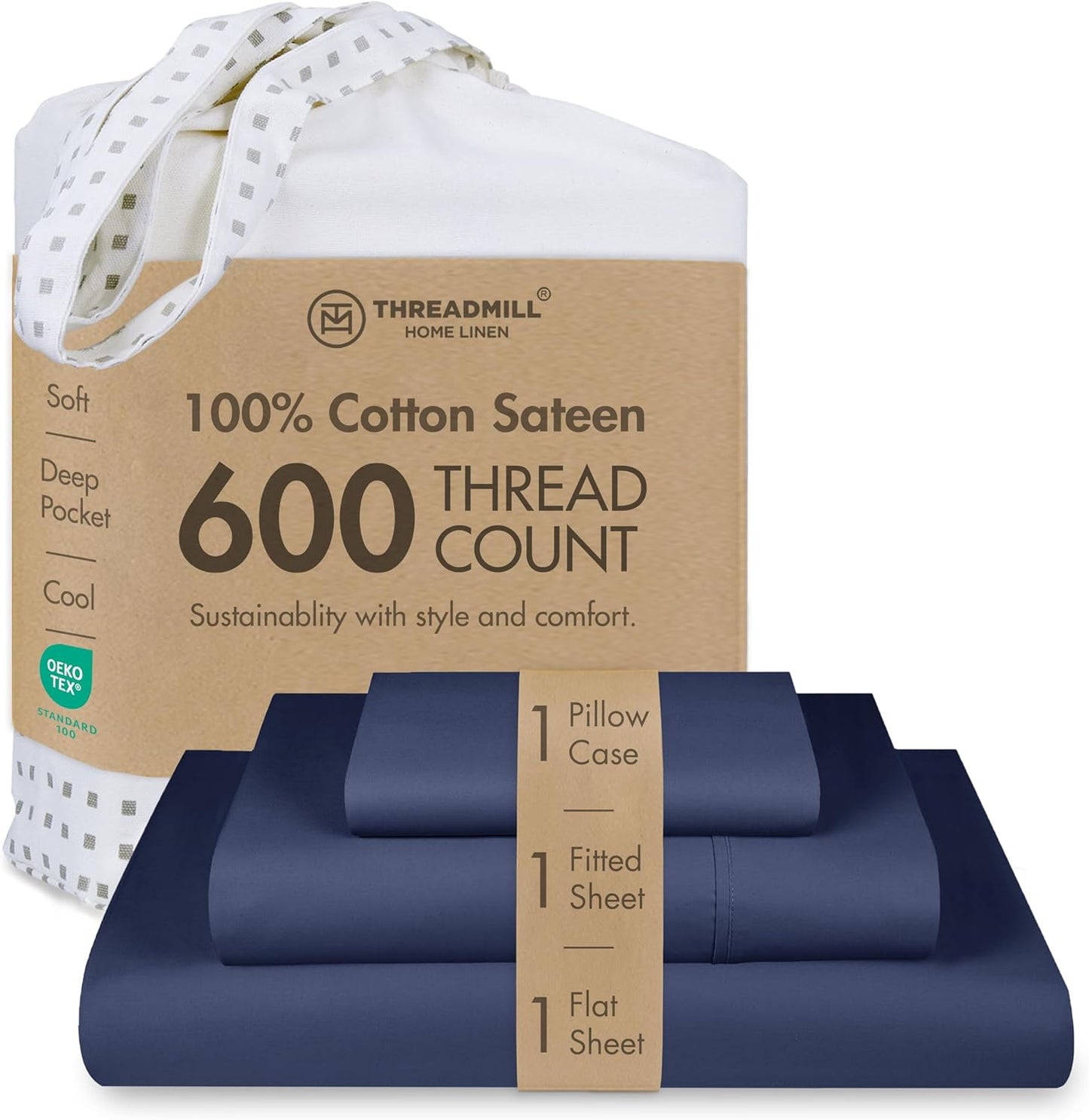 Threadmill 100% Cotton Sheets for Twin Size Bed - 600 Thread Count Twin Bed Sheets Set with 15” Deep Pocket - Sateen Weave 3-Piece Bedding Set with Cooling Effect, Folkstone Blue