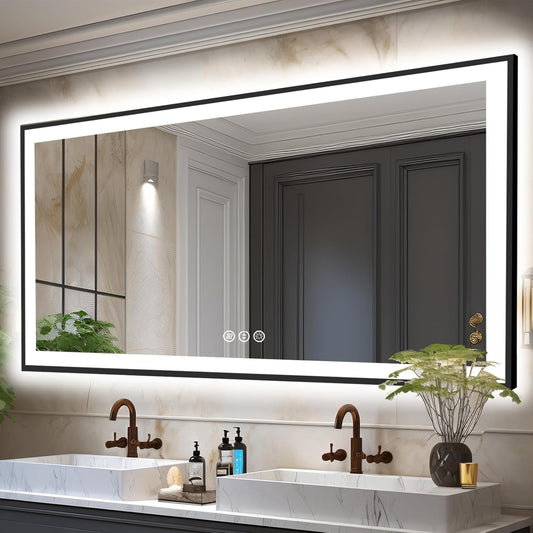 84x32 LED Bathroom Mirror, Black Aluminum Framed, Backlit + Front-Lit, 3 Colors Temperature Changeable, Dimmable Vanity Mirror, Tempered Glass, Defog, Waterproof, Memory (Horizontal/Vertical)